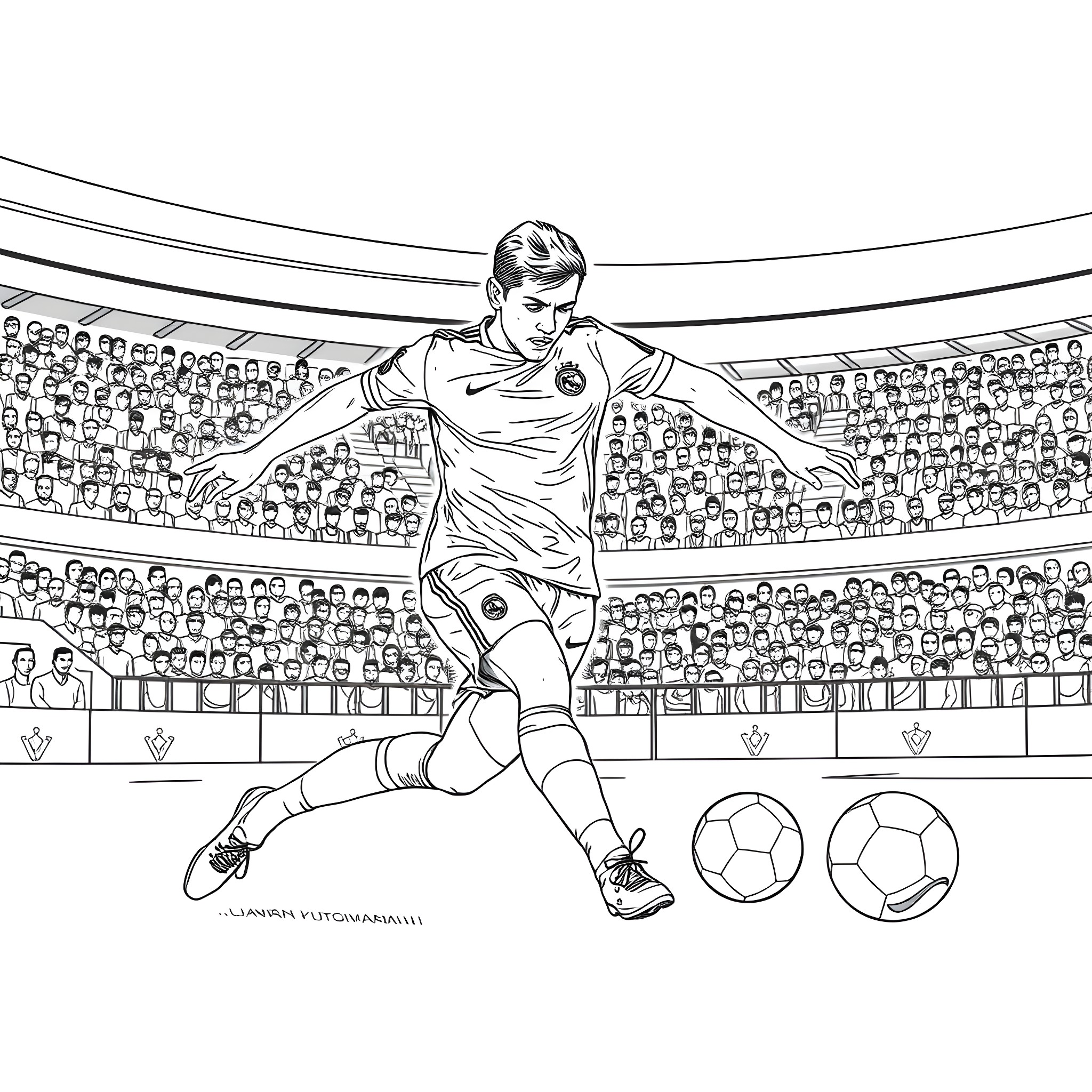 Cr7 Player Dribbling with Soccer Balls in Stadium Coloring Page (free black-and-white line drawing printable PDF for all, from beginners to advanced learners, including children, teens, adults, and seniors)