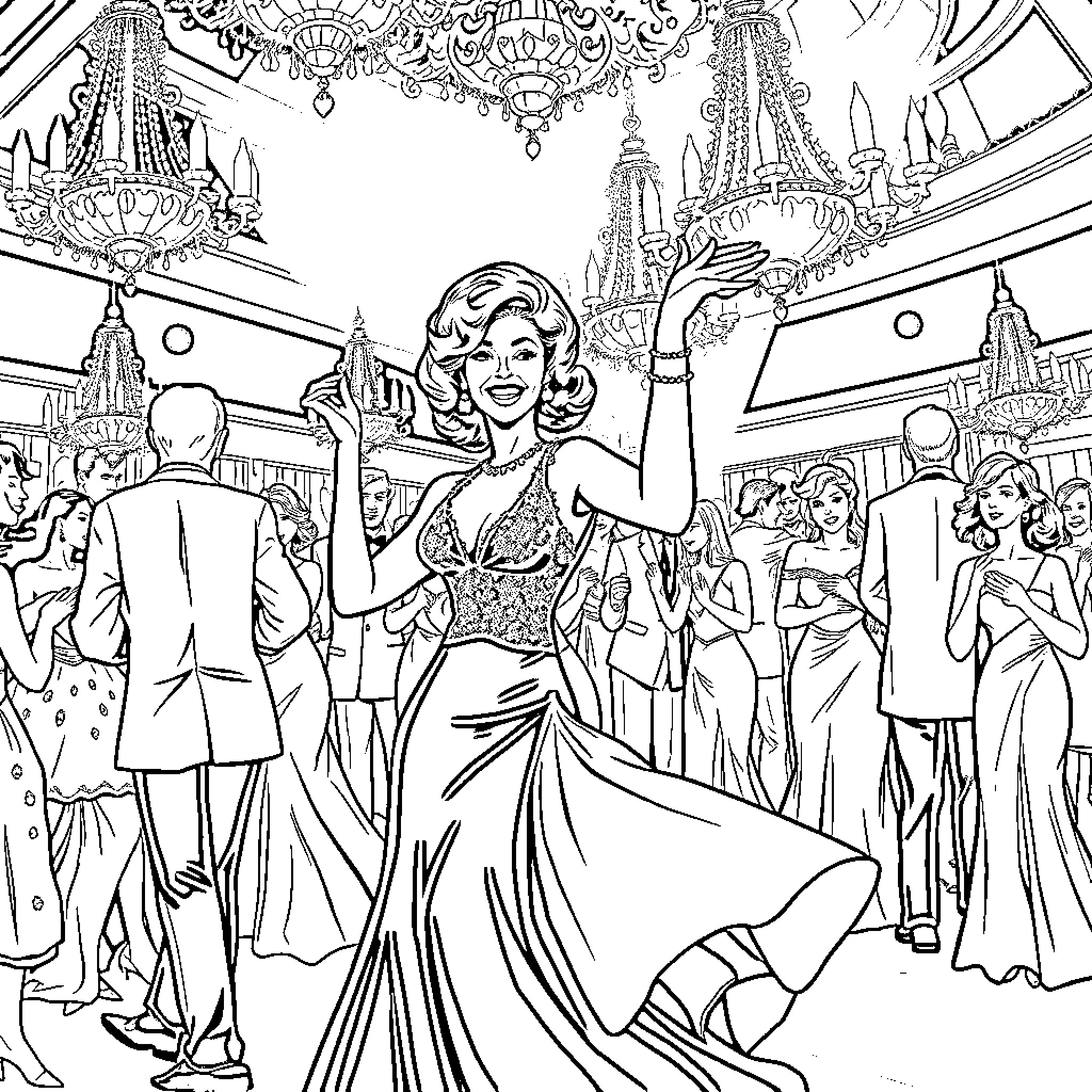 Eartha Kitt performing on stage in an elegant gown Coloring Page (free black-and-white line drawing printable PDF for all, from beginners to advanced learners, including children, teens, adults, and seniors)