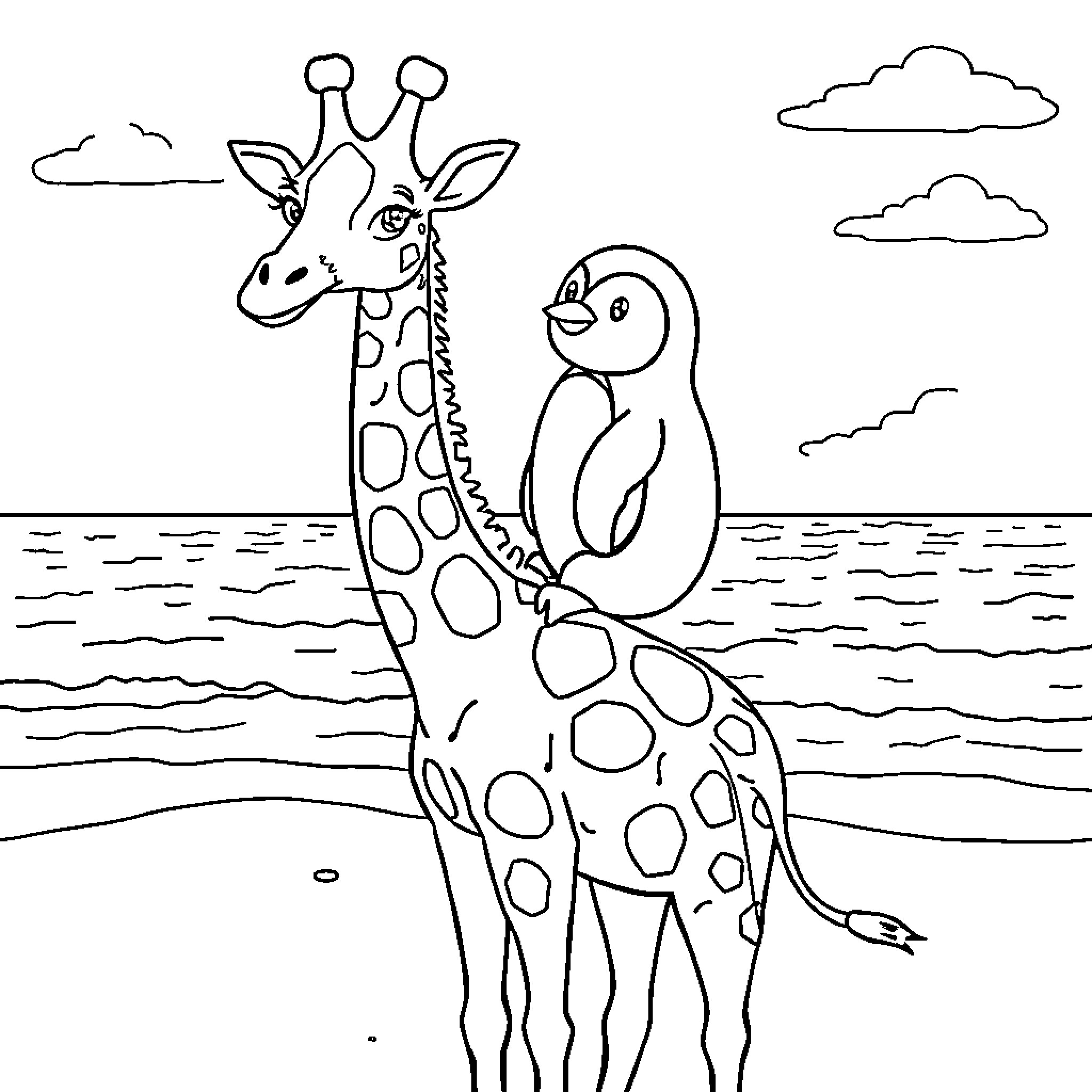 Penguin and giraffe enjoying the beach scene Coloring Page (free black-and-white line drawing printable PDF for all, from beginners to advanced learners, including children, teens, adults, and seniors)