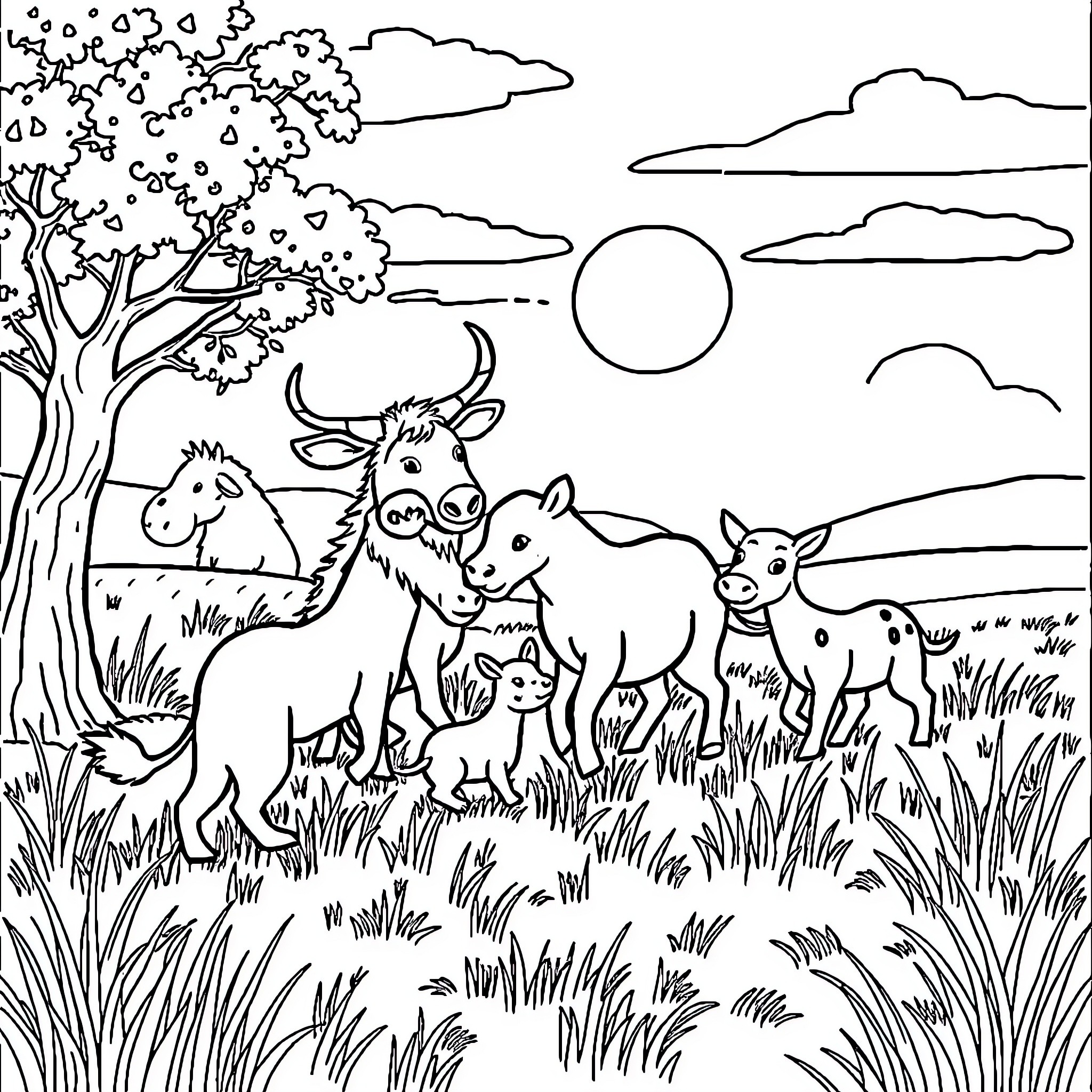 Animal herd grazing in a scenic countryside Coloring Page (free black-and-white line drawing printable PDF for all, from beginners to advanced learners, including children, teens, adults, and seniors)