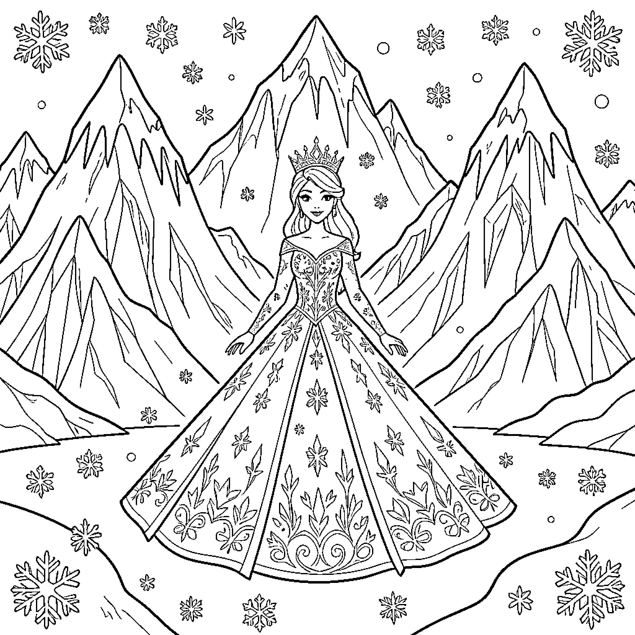 Snow Queen wearing a crown standing amidst mountains Coloring Page (free black-and-white line drawing printable PDF for all, from beginners to advanced learners, including children, teens, adults, and seniors)