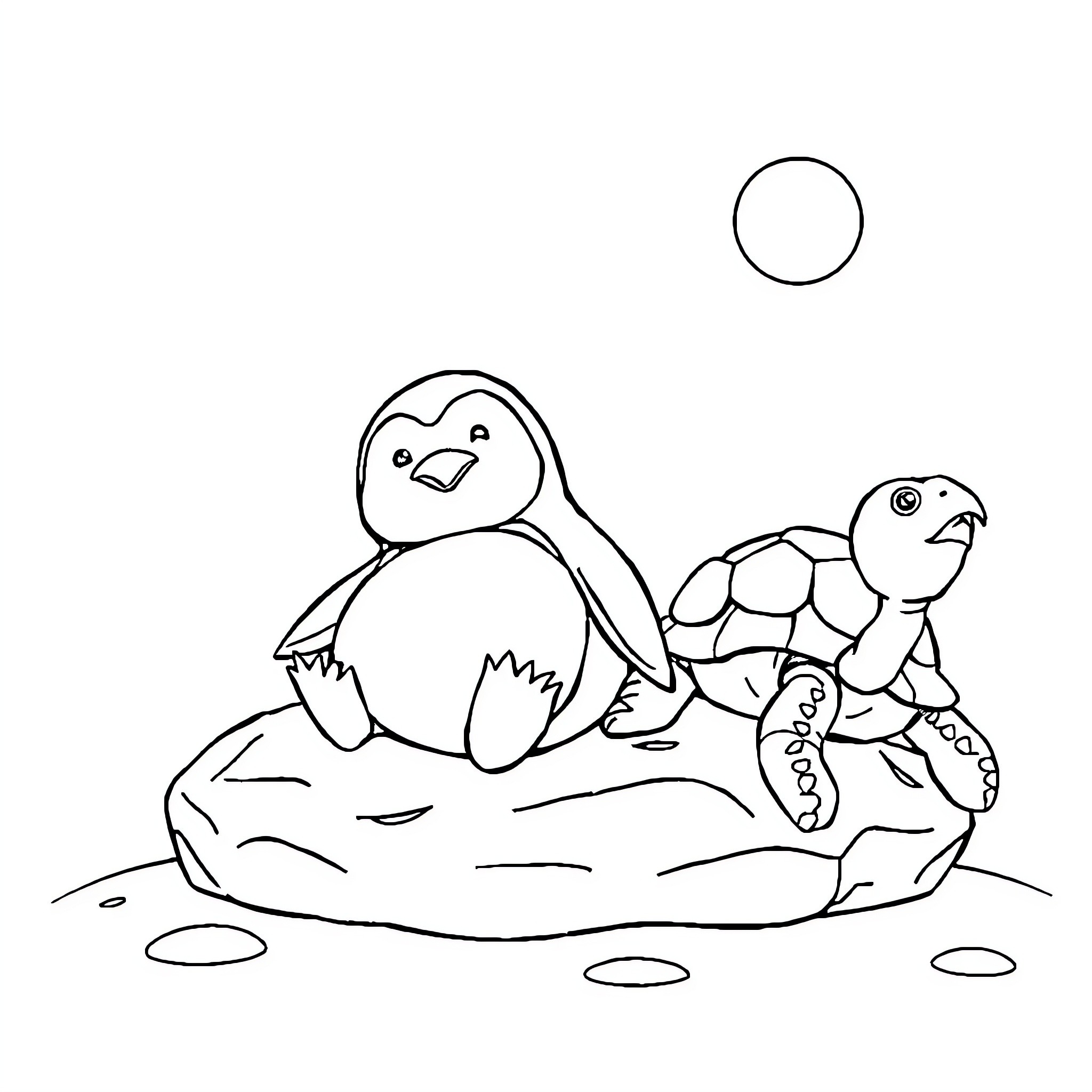 Penguin and turtle playing together on the rocks Coloring Page (free black-and-white line drawing printable PDF for all, from beginners to advanced learners, including children, teens, adults, and seniors)