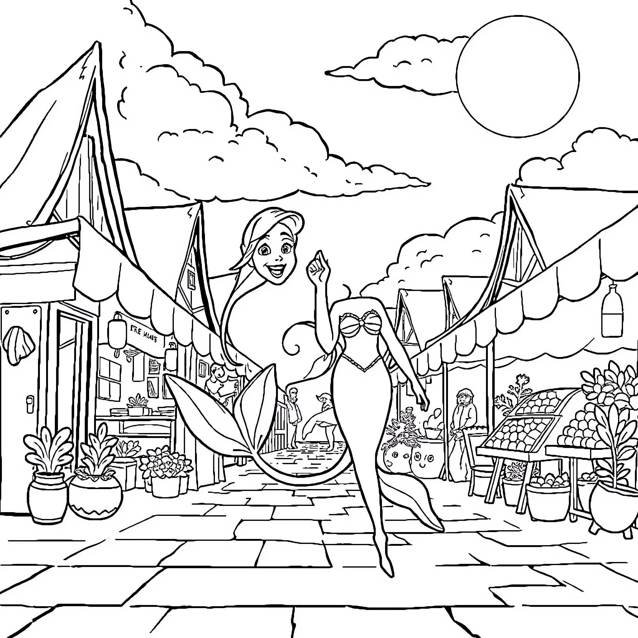 Ariel explores the lively marketplace Coloring Page (free black-and-white line drawing printable PDF for all, from beginners to advanced learners, including children, teens, adults, and seniors)