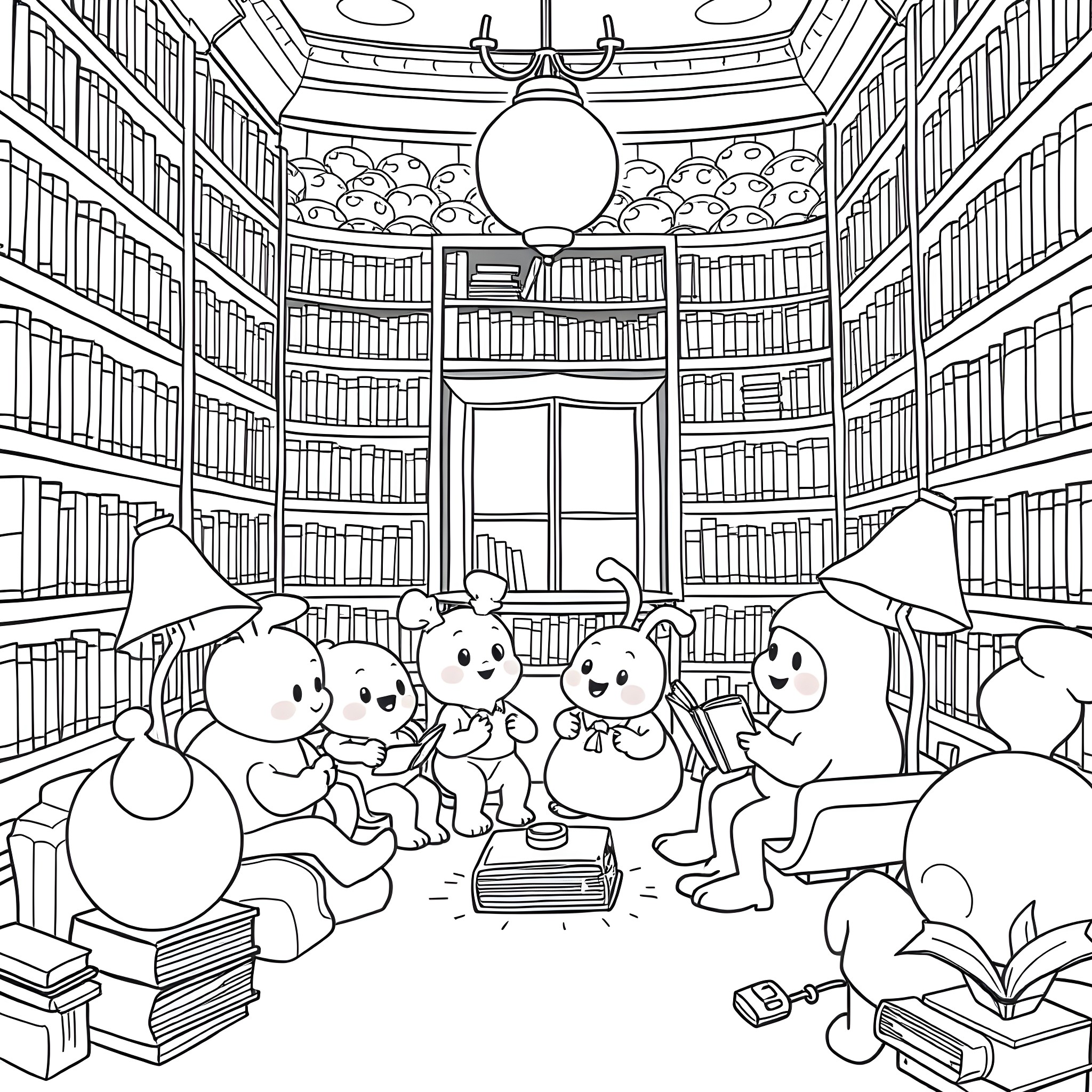 Candyland Characters Exploring a Magical Library Coloring Page (free black-and-white line drawing printable PDF for all, from beginners to advanced learners, including children, teens, adults, and seniors)