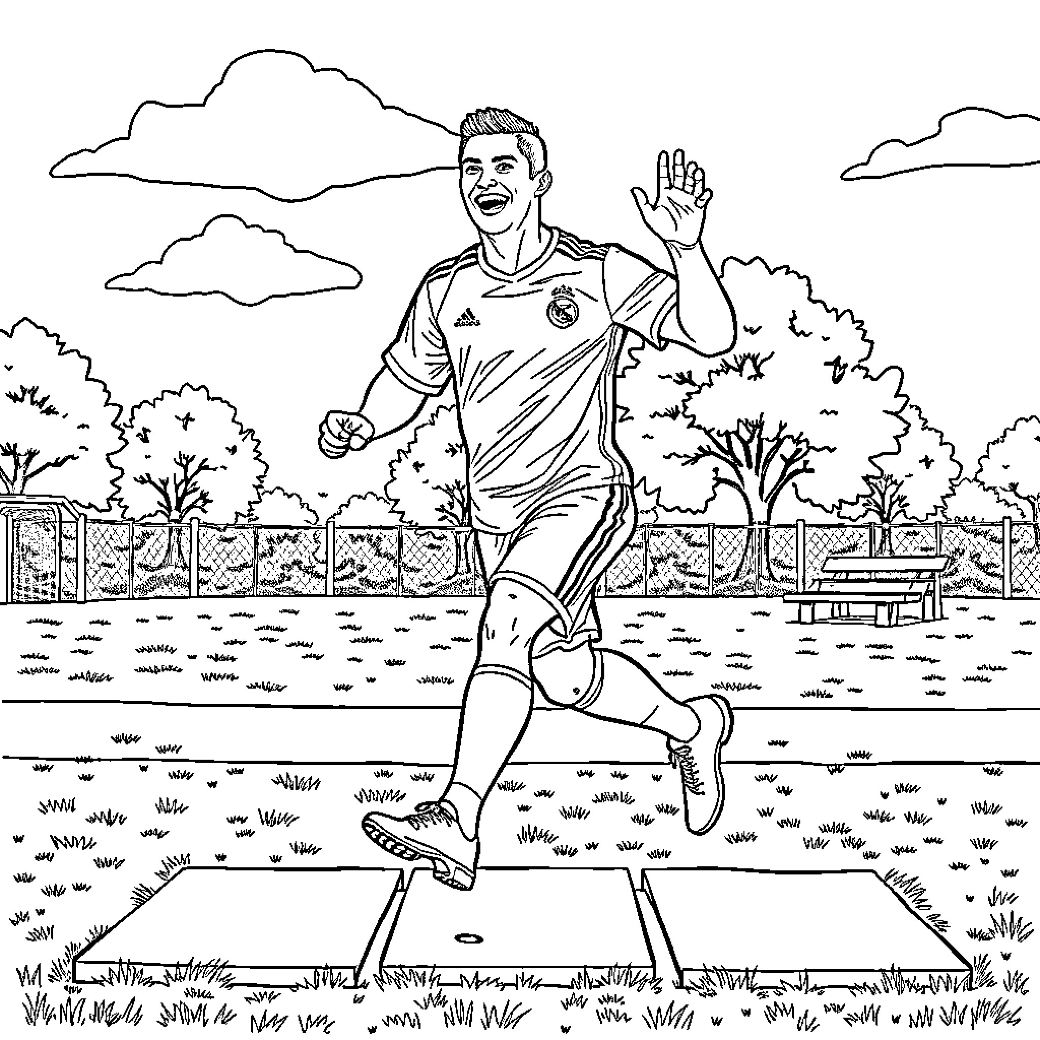 Cristiano Ronaldo celebrating joyfully on the field Coloring Page (free black-and-white line drawing printable PDF for all, from beginners to advanced learners, including children, teens, adults, and seniors)