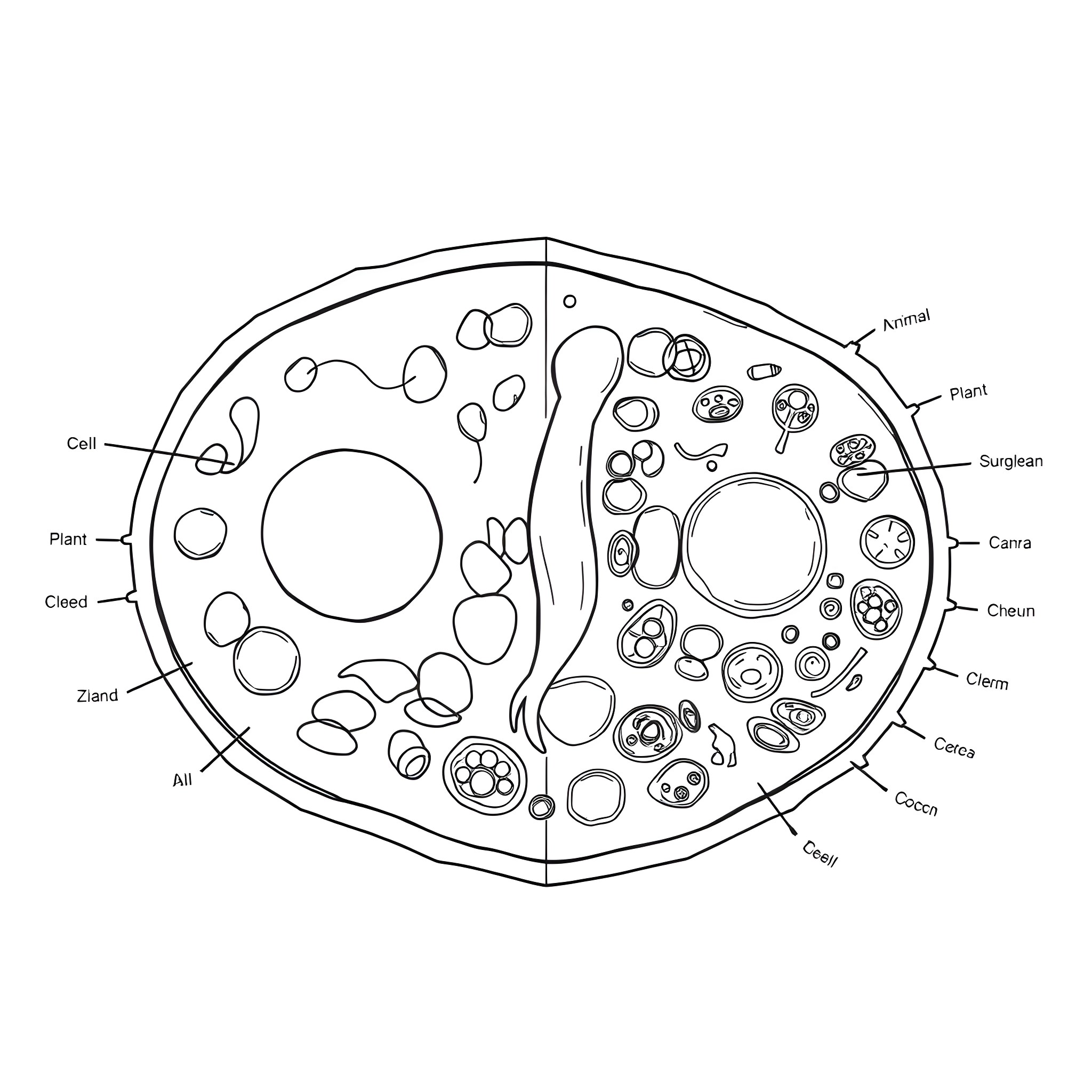 Cell structure diagram with labeled components Coloring Page (free black-and-white line drawing printable PDF for all, from beginners to advanced learners, including children, teens, adults, and seniors)