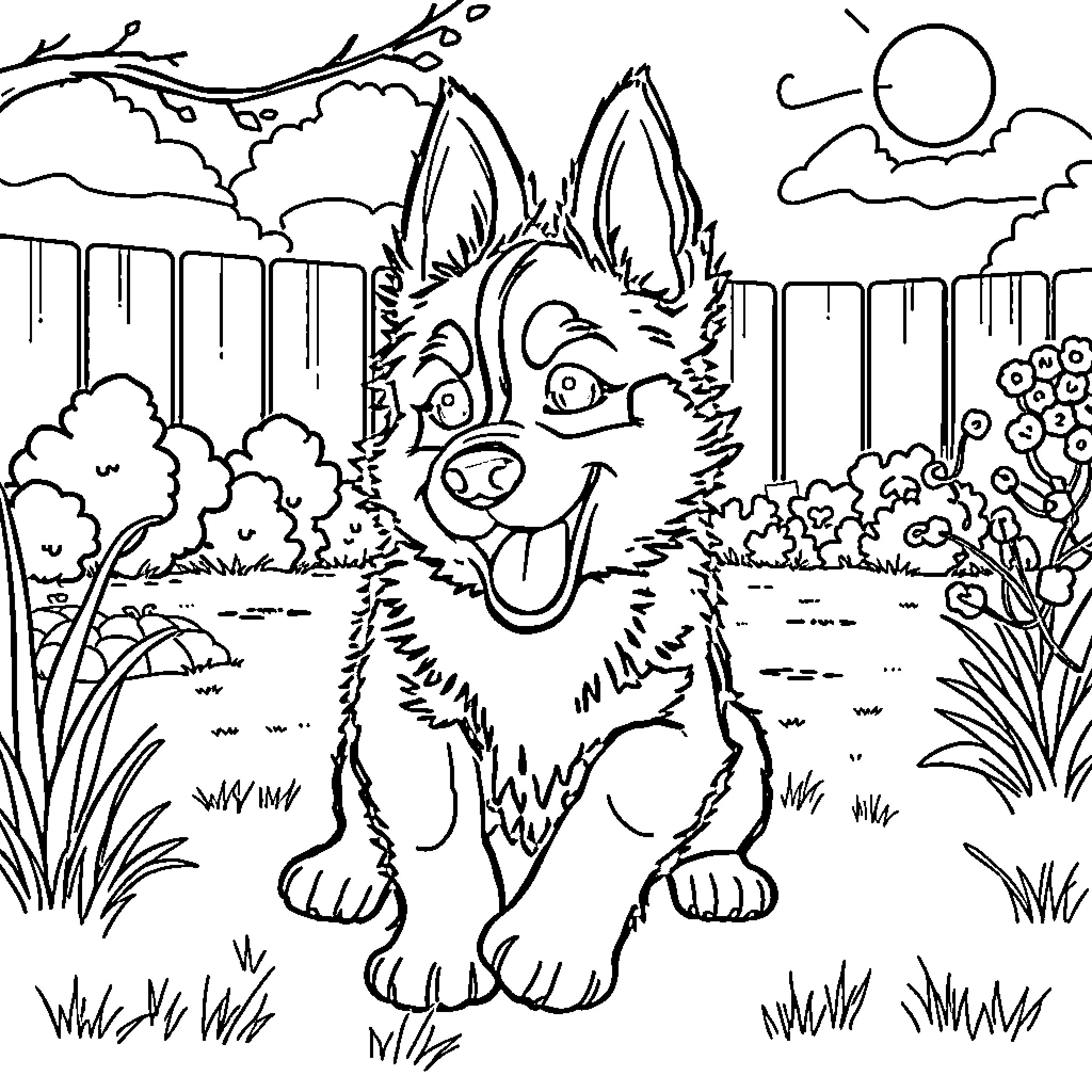 Bluey playing happily in the park Coloring Page (free black-and-white line drawing printable PDF for all, from beginners to advanced learners, including children, teens, adults, and seniors)