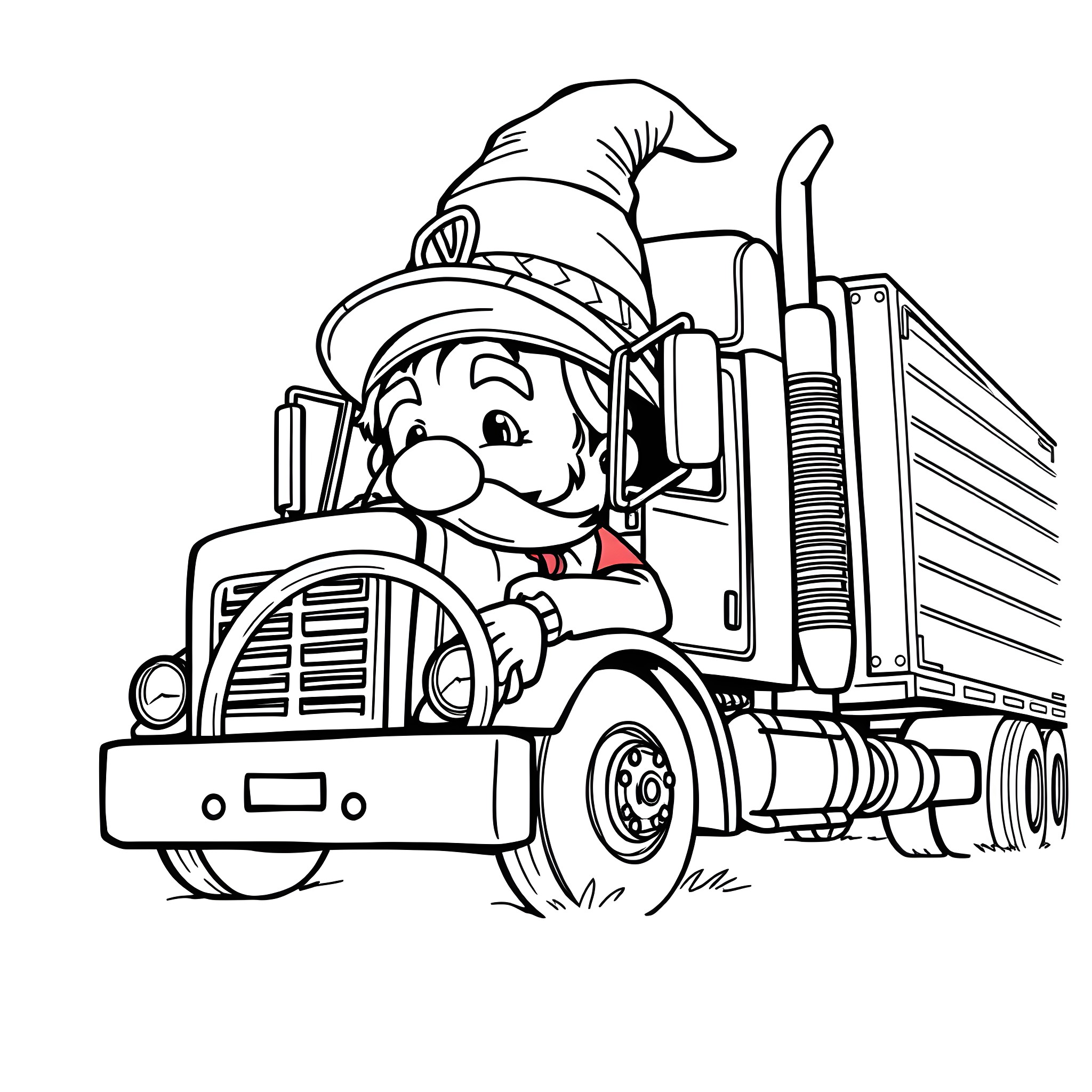 Gnome Driving a Big Rig Truck Coloring Page (free black-and-white line drawing printable PDF for all, from beginners to advanced learners, including children, teens, adults, and seniors)