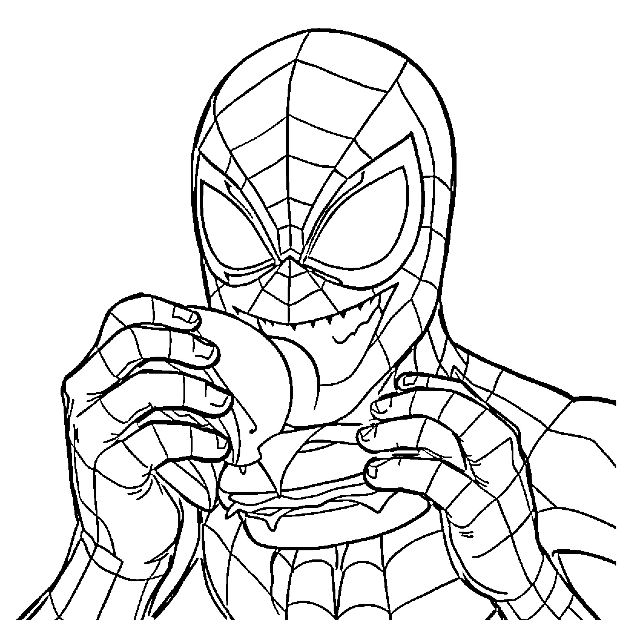 Spiderman in action with intense expression Coloring Page (free black-and-white line drawing printable PDF for all, from beginners to advanced learners, including children, teens, adults, and seniors)
