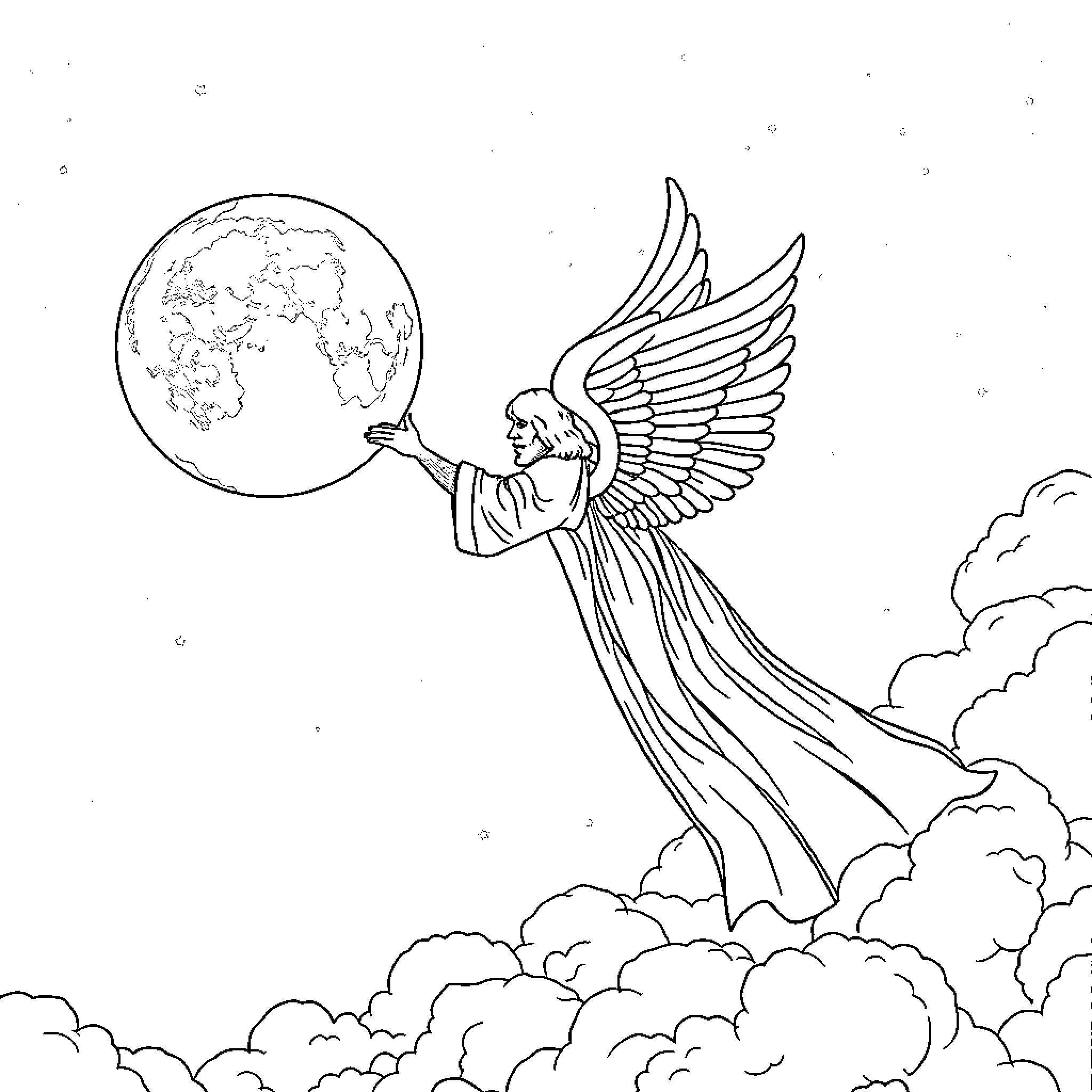 God's Winged Messenger Guides the World Coloring Page (free black-and-white line drawing printable PDF for all, from beginners to advanced learners, including children, teens, adults, and seniors)