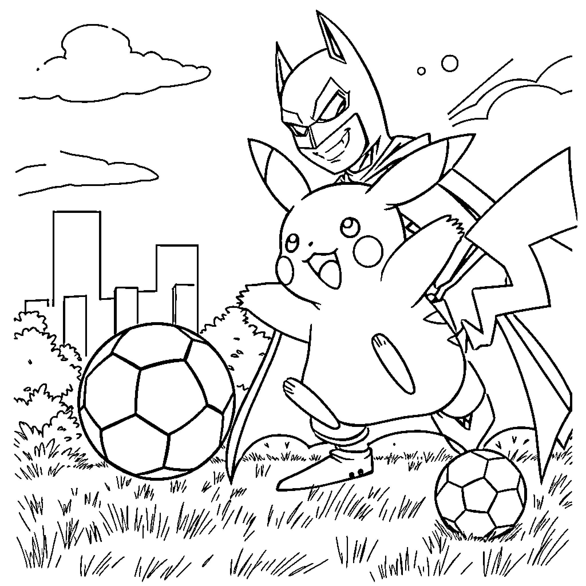 Pikachu playing soccer with Batman in the city Coloring Page (free black-and-white line drawing printable PDF for all, from beginners to advanced learners, including children, teens, adults, and seniors)