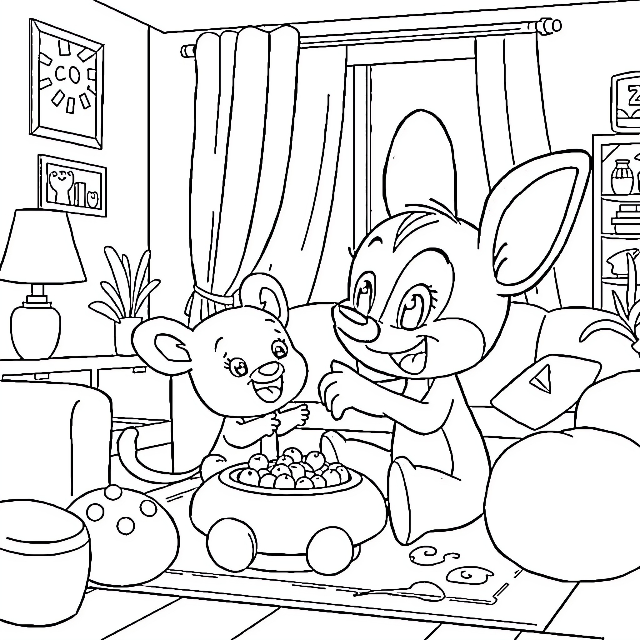 Bluey and friends enjoy a cozy indoor adventure Coloring Page (free black-and-white line drawing printable PDF for all, from beginners to advanced learners, including children, teens, adults, and seniors)