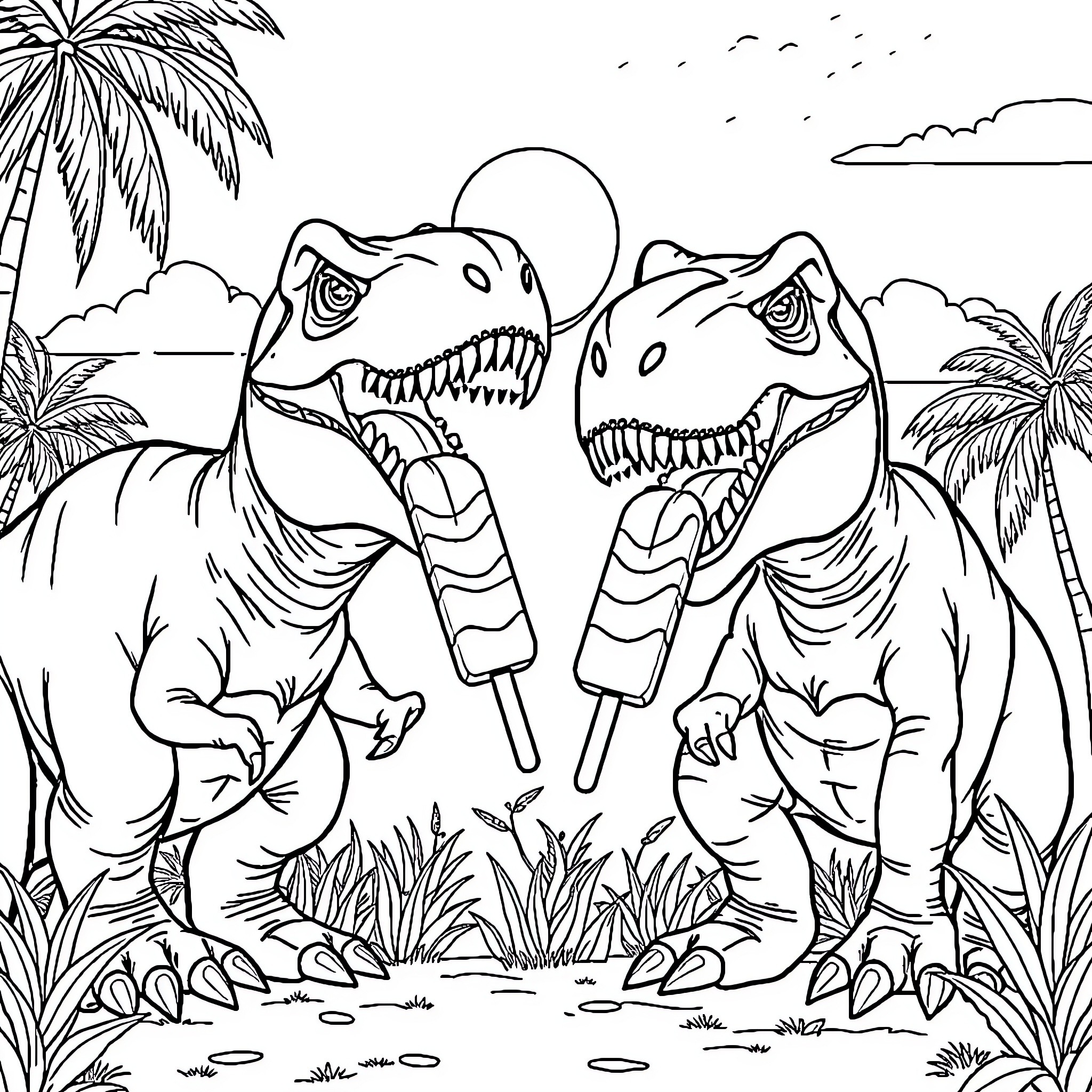 T-Rex Enjoying Popsicles in Tropical Paradise Coloring Page (free black-and-white line drawing printable PDF for all, from beginners to advanced learners, including children, teens, adults, and seniors)