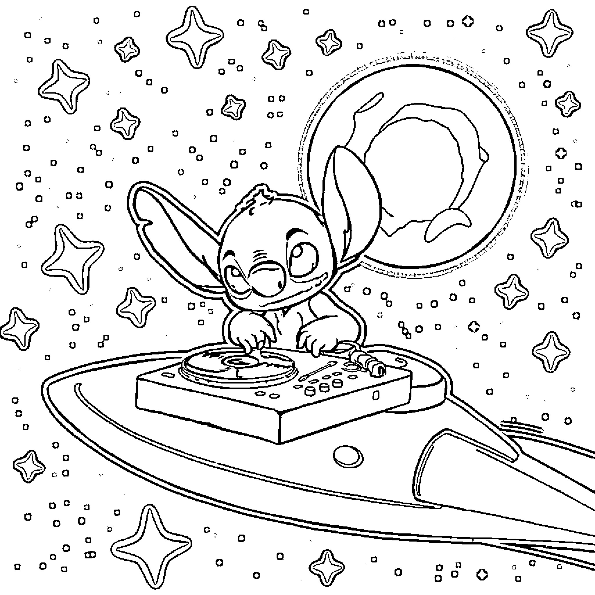 Stitch moonwalking on a DJ turntable surrounded by stars Coloring Page (free black-and-white line drawing printable PDF for all, from beginners to advanced learners, including children, teens, adults, and seniors)