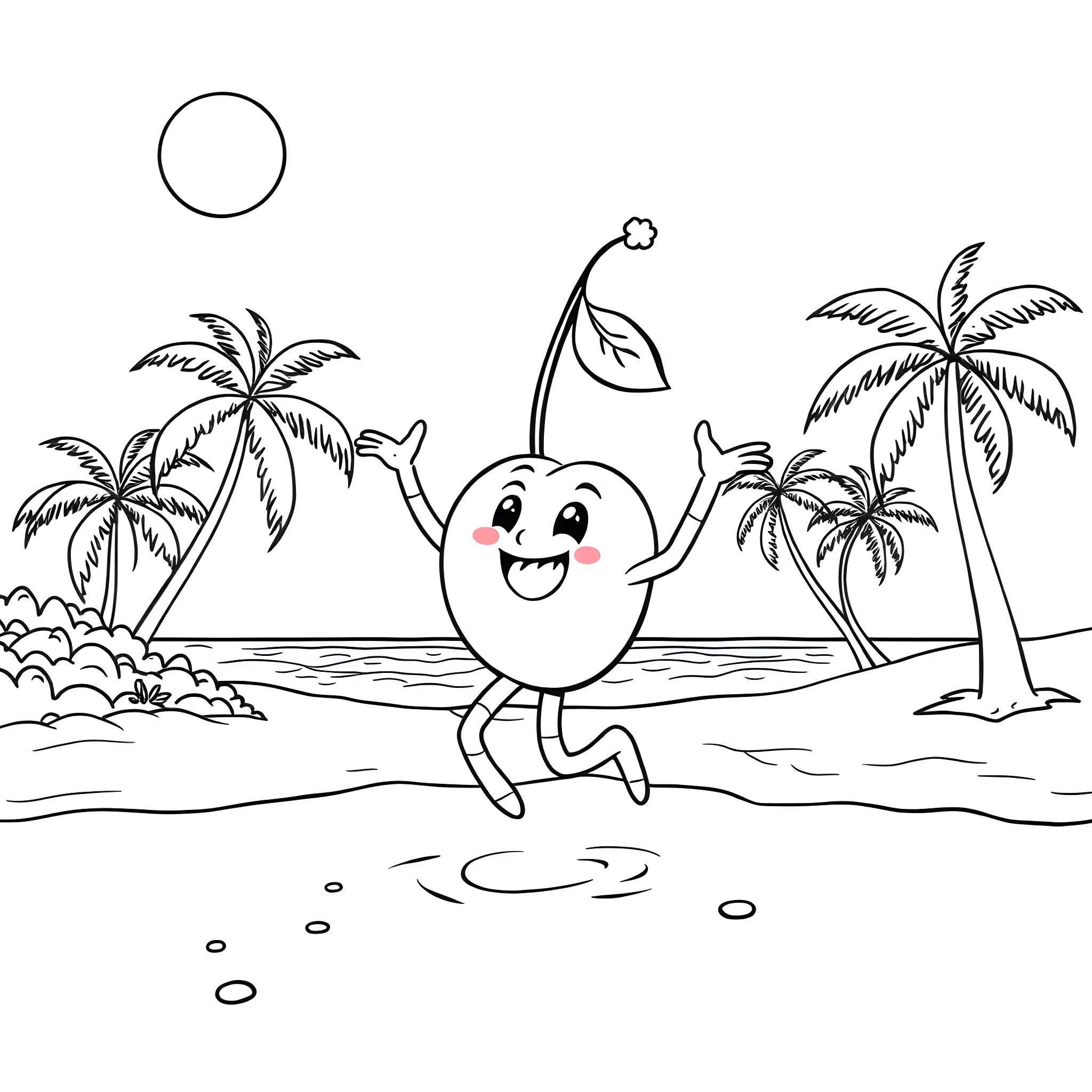 Cherry character enjoying a sunny day at the beach Coloring Page (free black-and-white line drawing printable PDF for all, from beginners to advanced learners, including children, teens, adults, and seniors)