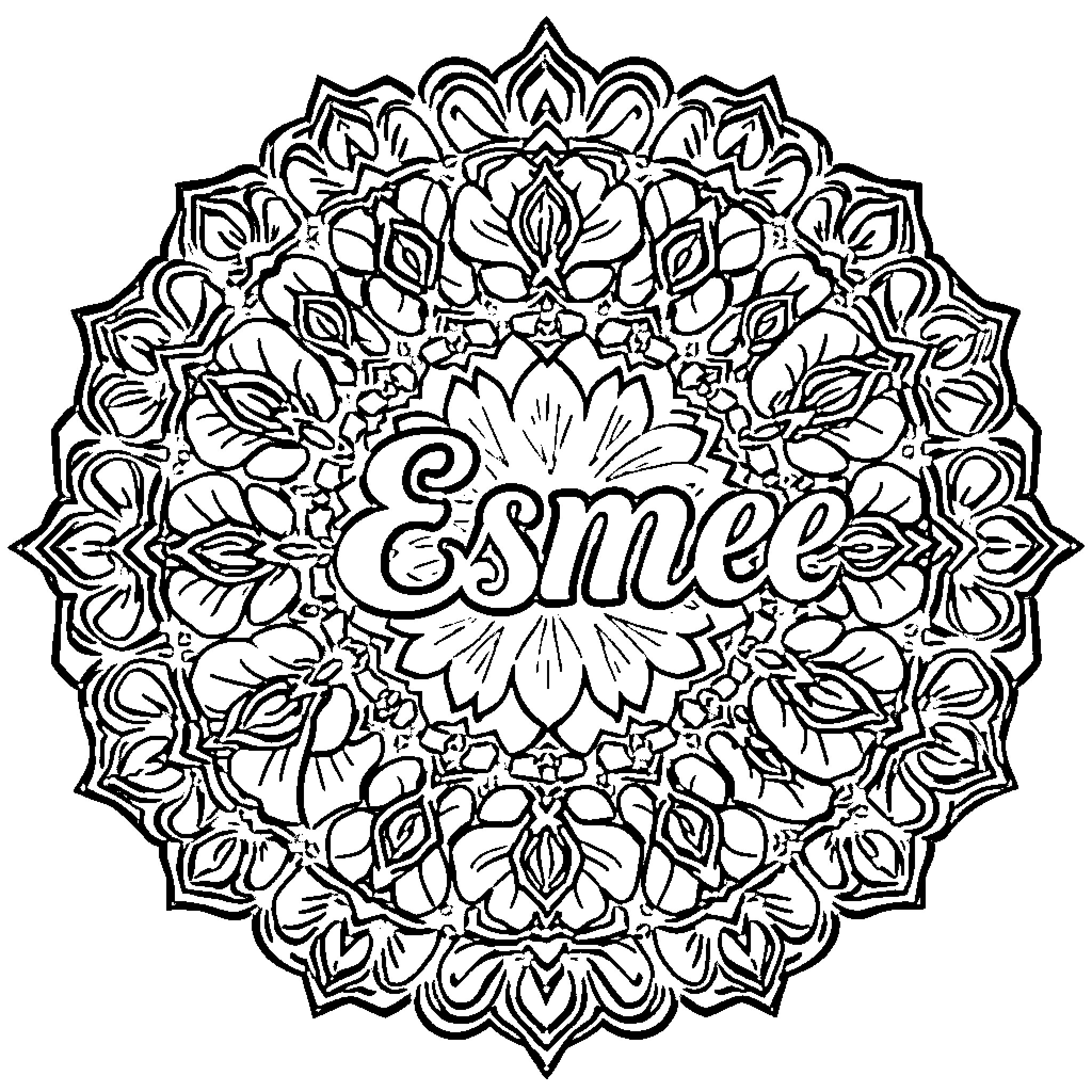 Esmée's Floral Mandala Illustration Coloring Page (free black-and-white line drawing printable PDF for all, from beginners to advanced learners, including children, teens, adults, and seniors)