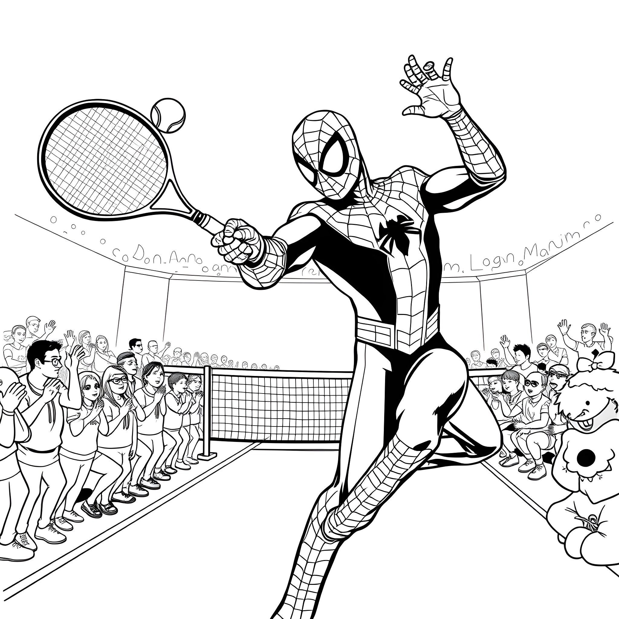 Spider-Man playing tennis in front of a crowd Coloring Page (free black-and-white line drawing printable PDF for all, from beginners to advanced learners, including children, teens, adults, and seniors)