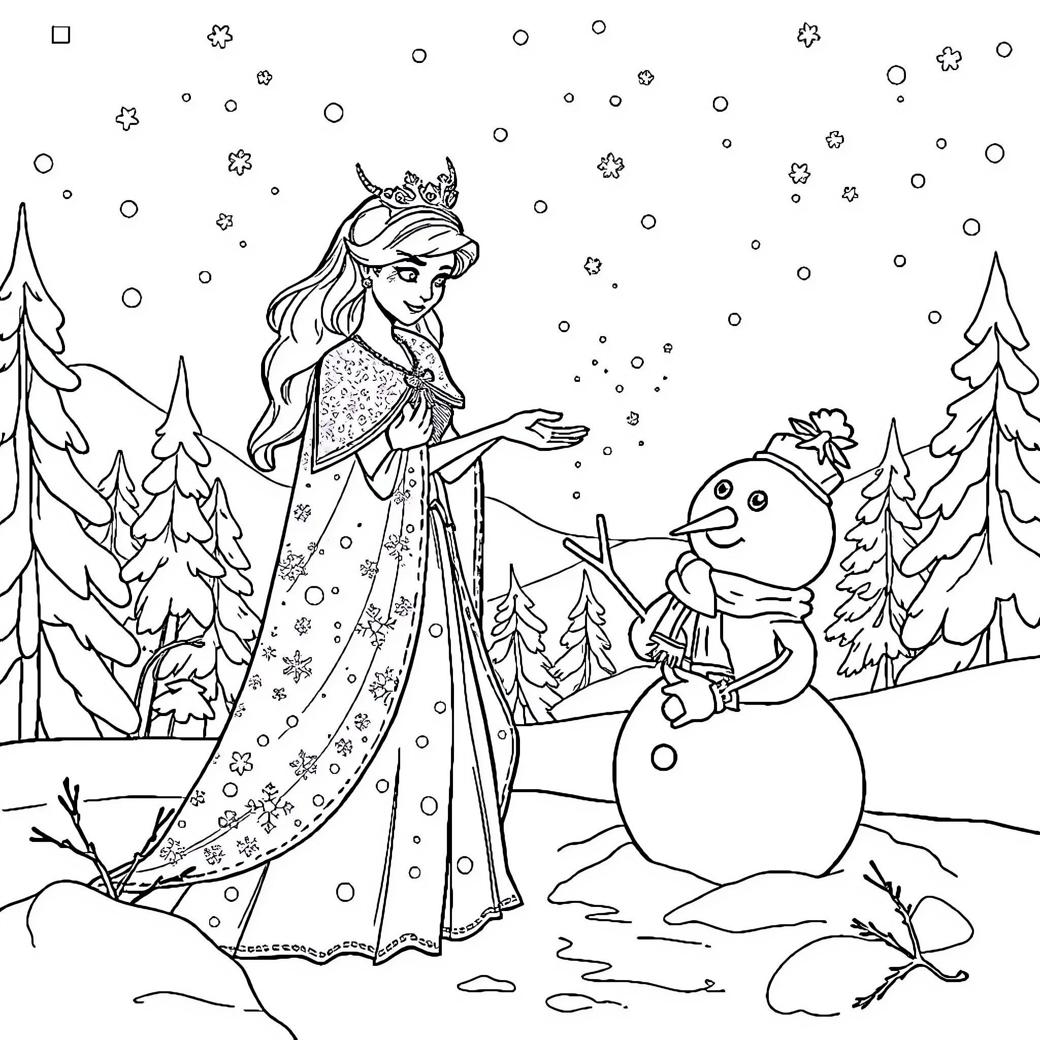Snow Queen enchanting a snowman in a winter wonderland Coloring Page (free black-and-white line drawing printable PDF for all, from beginners to advanced learners, including children, teens, adults, and seniors)