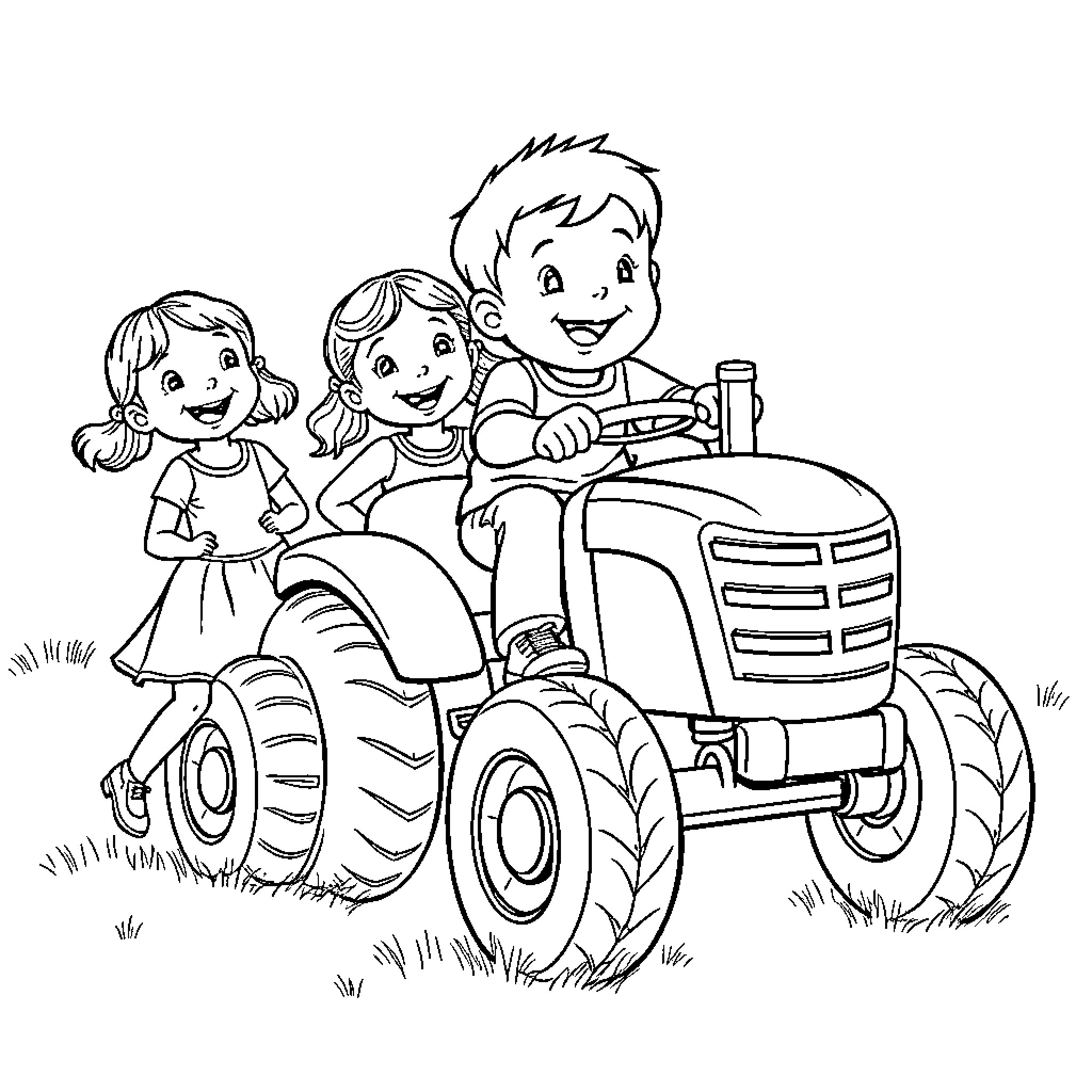 Boy and girl ride on tractor joyfully Coloring Page (free black-and-white line drawing printable PDF for all, from beginners to advanced learners, including children, teens, adults, and seniors)