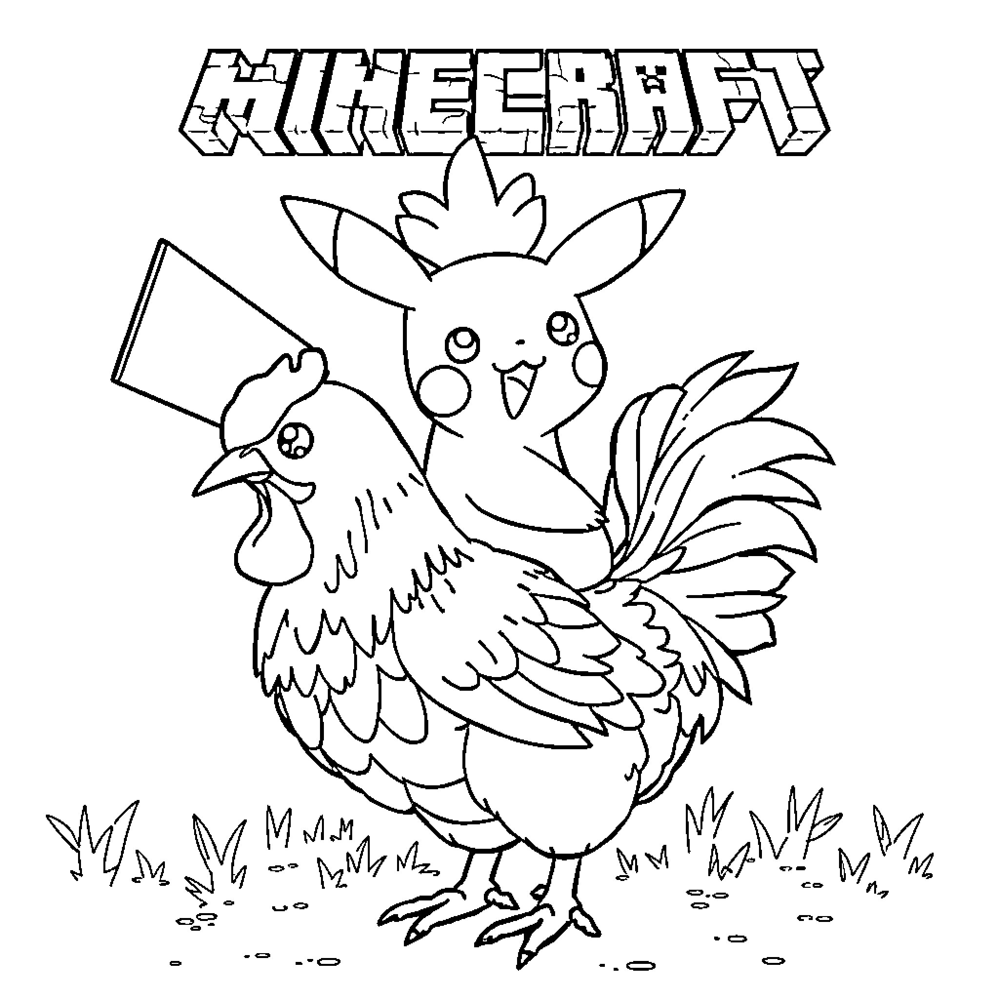 Pikachu interacting with cheerful chickens Coloring Page (free black-and-white line drawing printable PDF for all, from beginners to advanced learners, including children, teens, adults, and seniors)