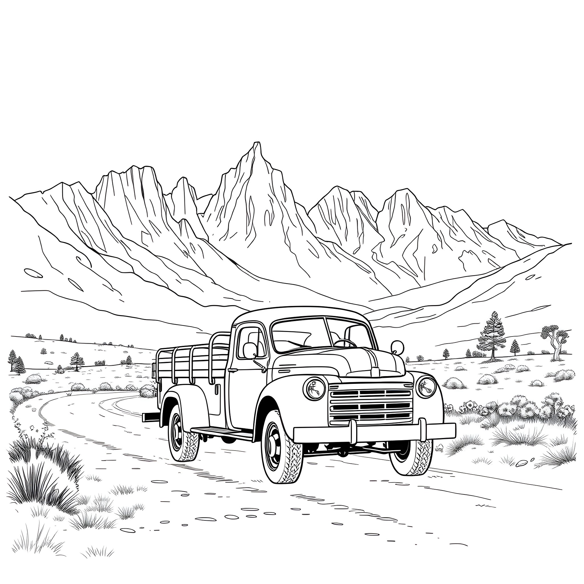 Truck driving on a road through a mountain landscape Coloring Page (free black-and-white line drawing printable PDF for all, from beginners to advanced learners, including children, teens, adults, and seniors)