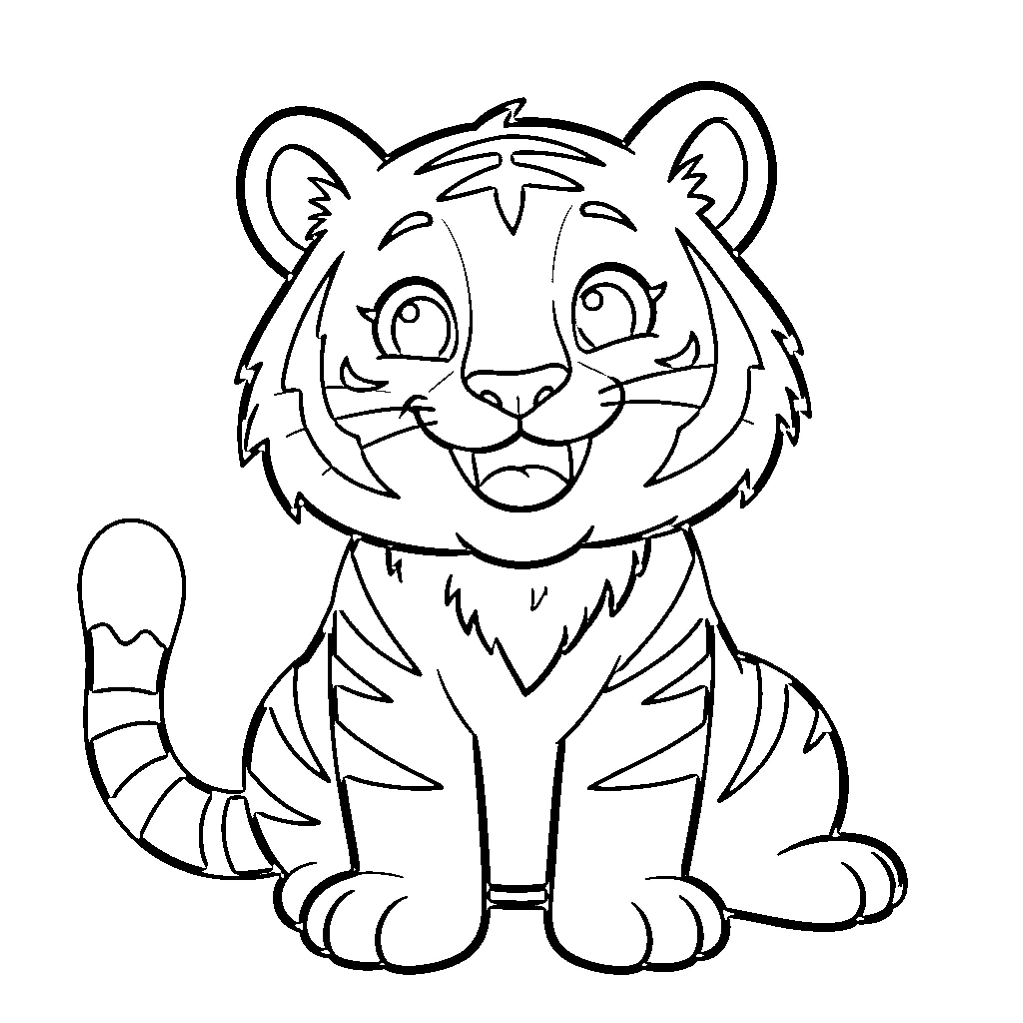 Tiger Cub Sitting Cheerfully Coloring Page (free black-and-white line drawing printable PDF for all, from beginners to advanced learners, including children, teens, adults, and seniors)