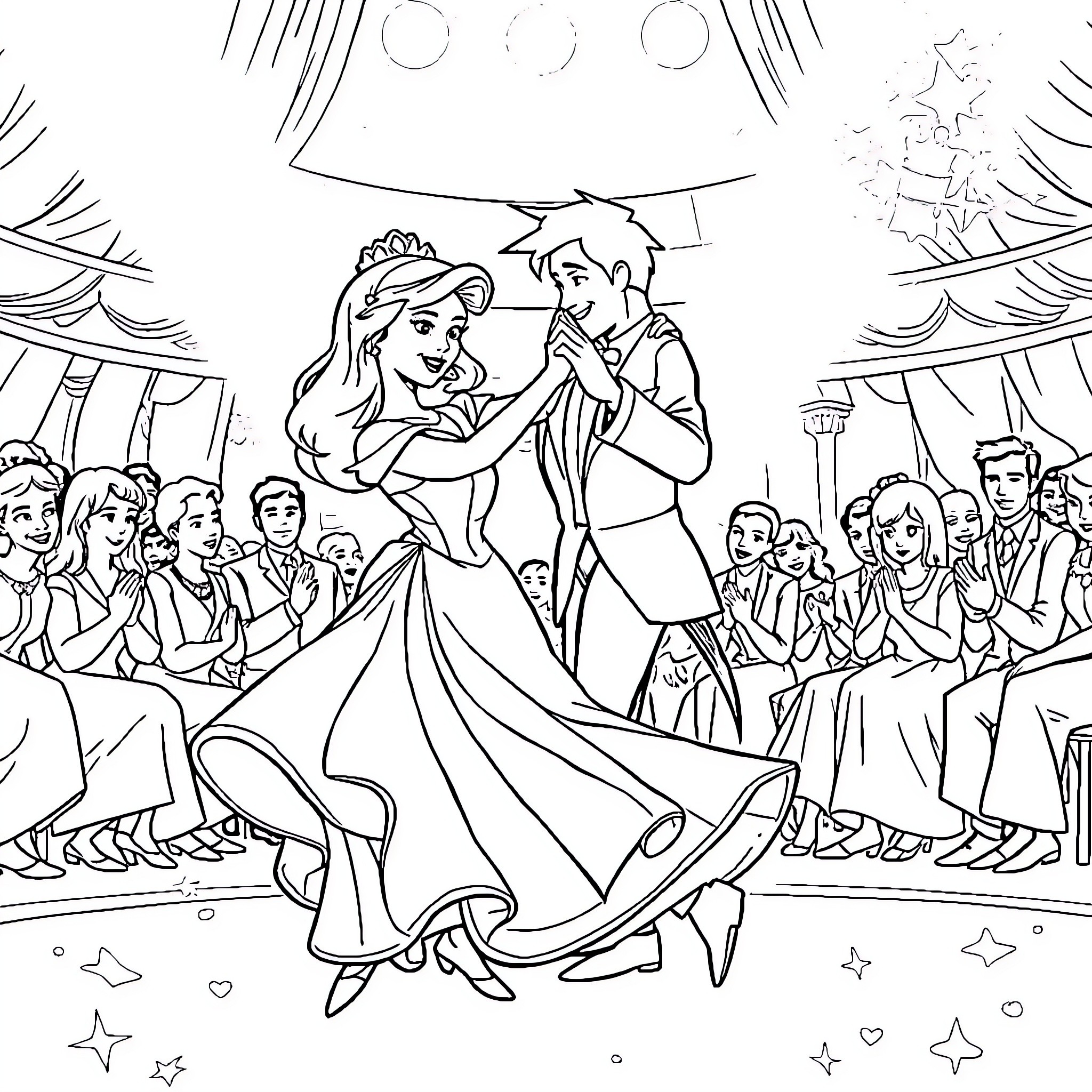 Princess dancing elegantly with prince at royal ball Coloring Page (free black-and-white line drawing printable PDF for all, from beginners to advanced learners, including children, teens, adults, and seniors)