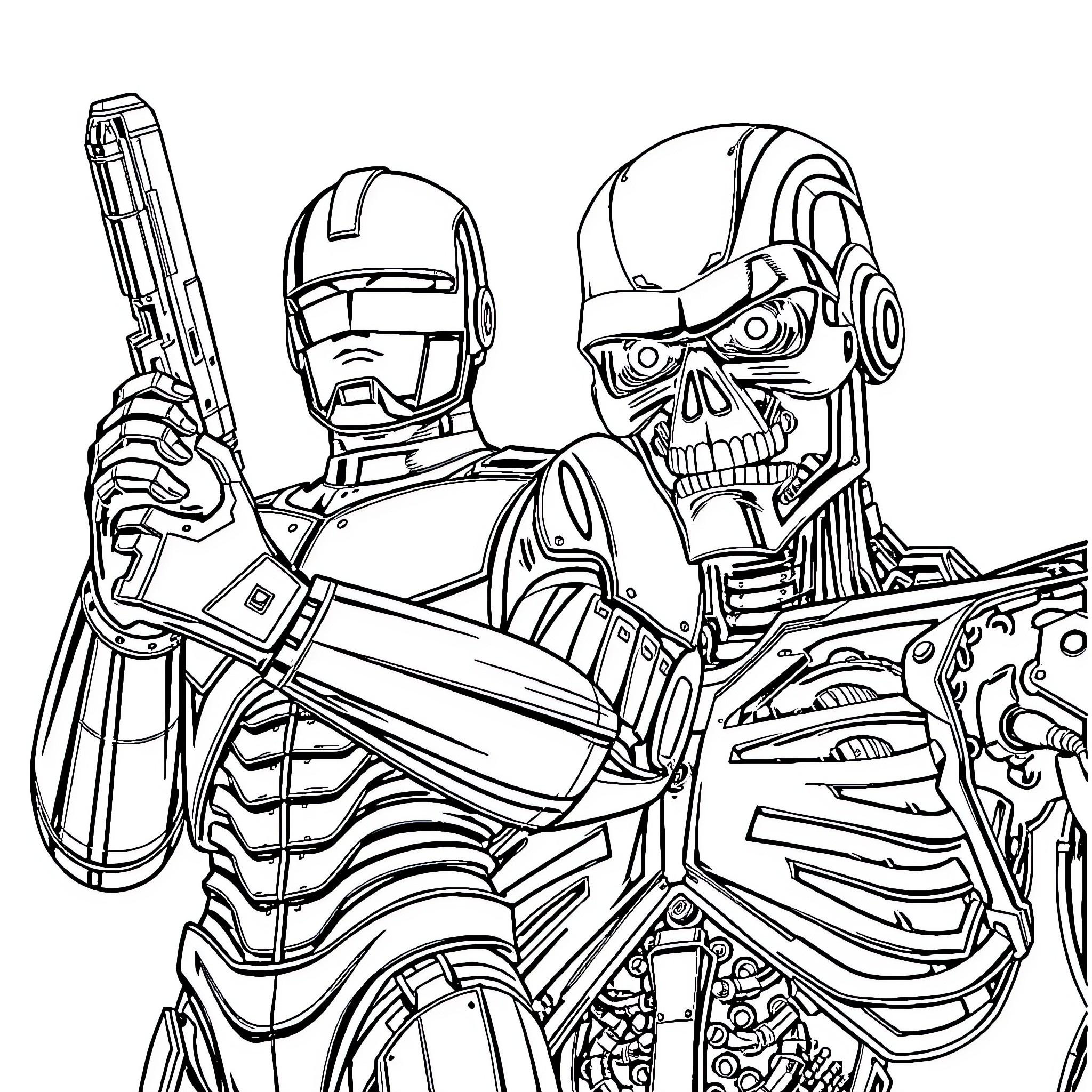 Robot Soldiers in Battle Stance Coloring Page (free black-and-white line drawing printable PDF for all, from beginners to advanced learners, including children, teens, adults, and seniors)