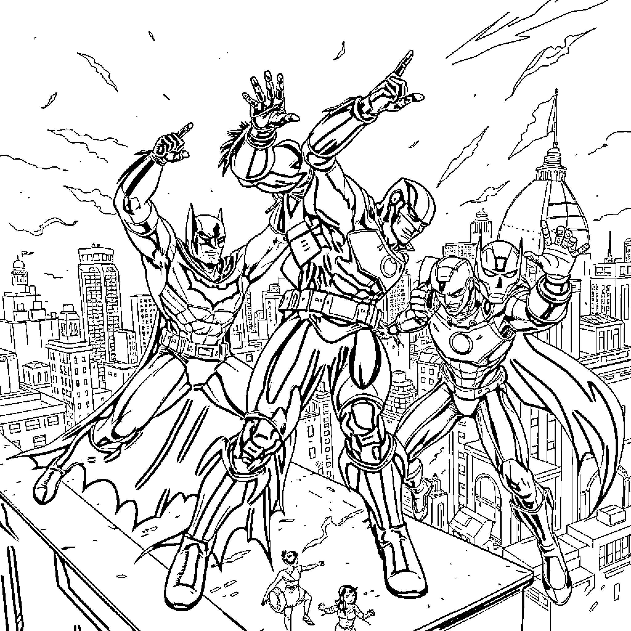 Batman and Superheroes Battling Over the City Coloring Page (free black-and-white line drawing printable PDF for all, from beginners to advanced learners, including children, teens, adults, and seniors)