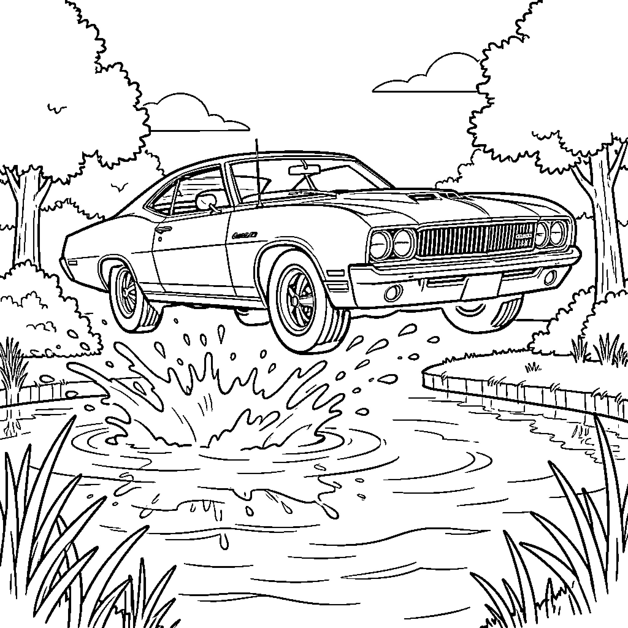 General Lee jumping over a small water splash Coloring Page (free black-and-white line drawing printable PDF for all, from beginners to advanced learners, including children, teens, adults, and seniors)