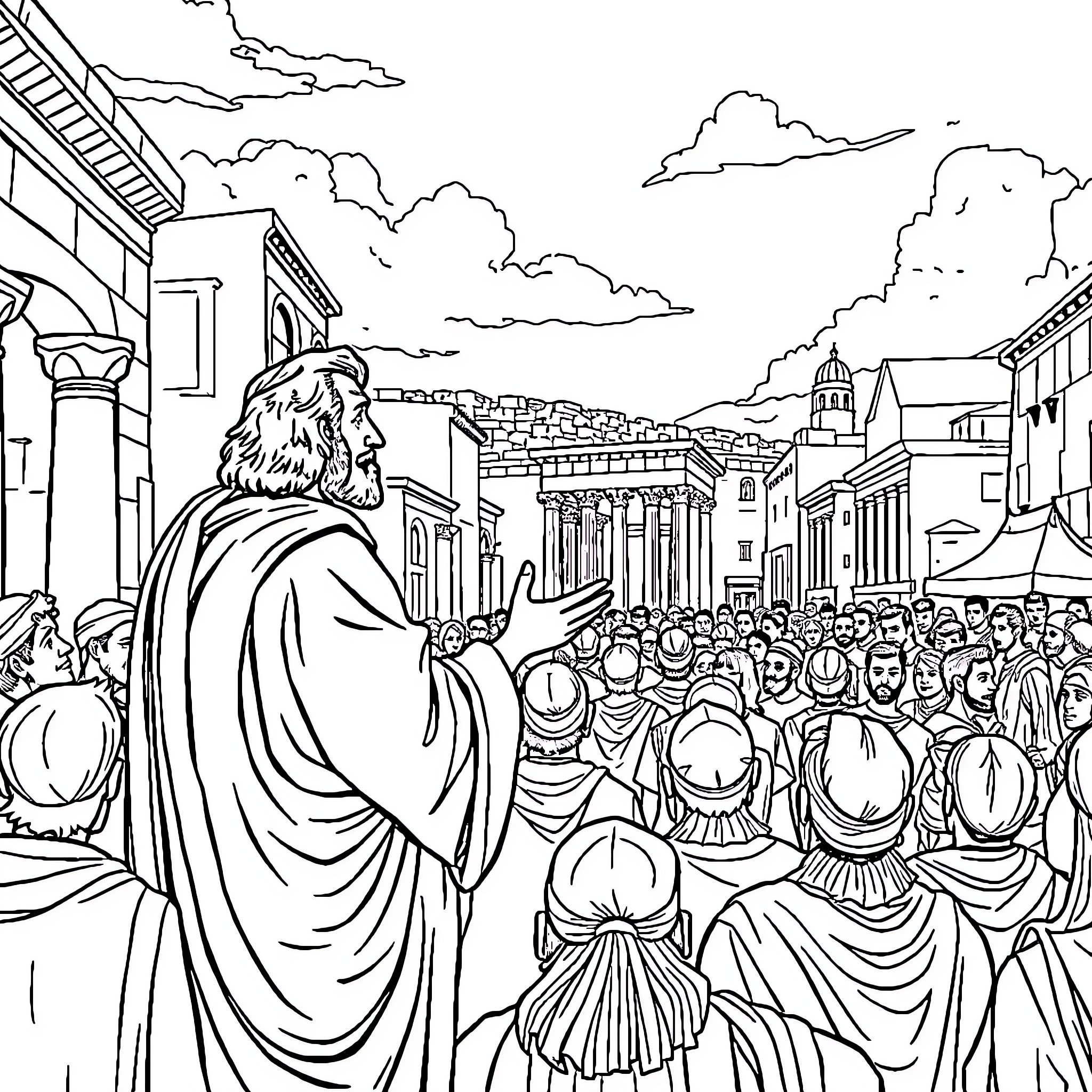Apostle Paul preaching to a crowd in ancient city Coloring Page (free black-and-white line drawing printable PDF for all, from beginners to advanced learners, including children, teens, adults, and seniors)