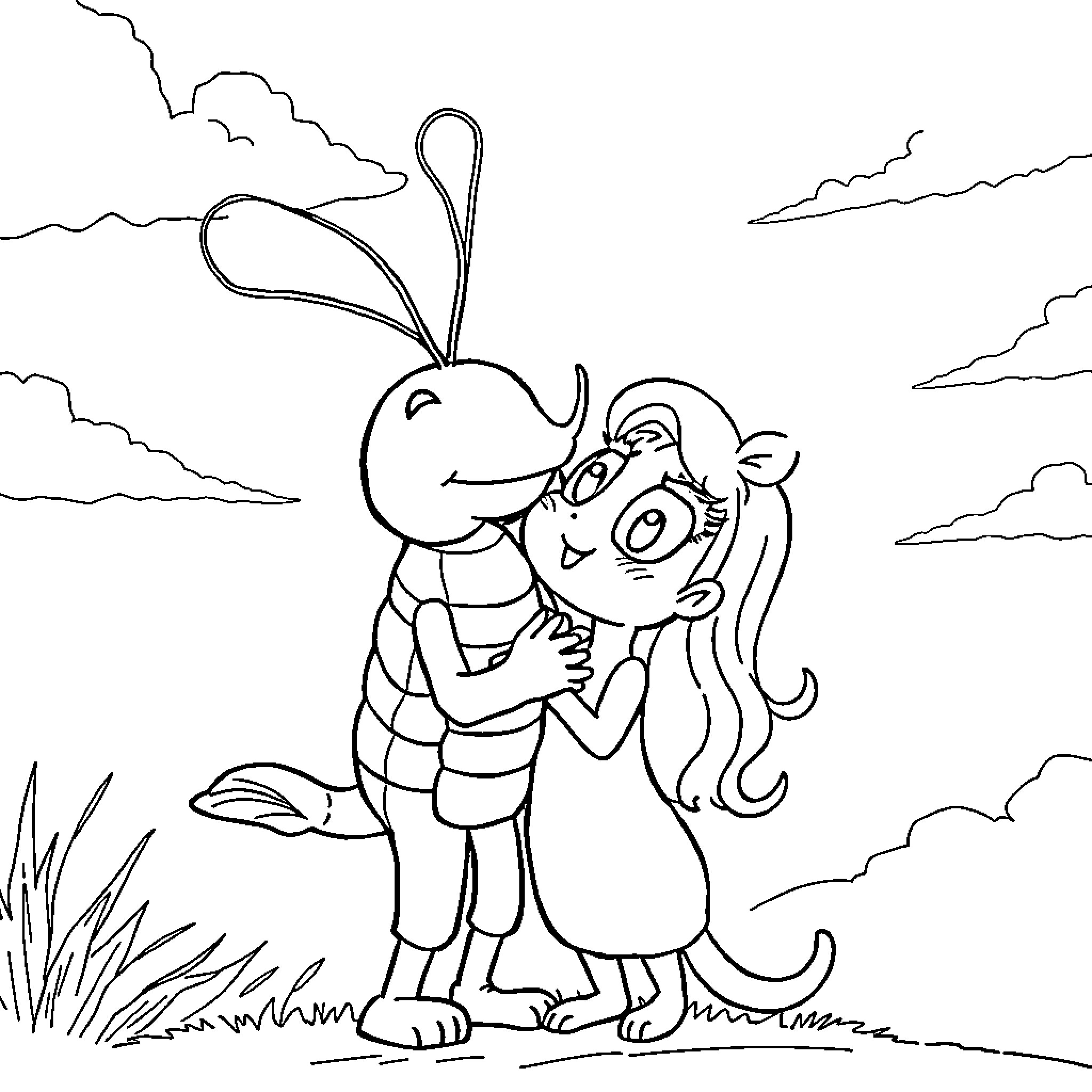 Shrimpo affectionately embraces human companion Coloring Page (free black-and-white line drawing printable PDF for all, from beginners to advanced learners, including children, teens, adults, and seniors)