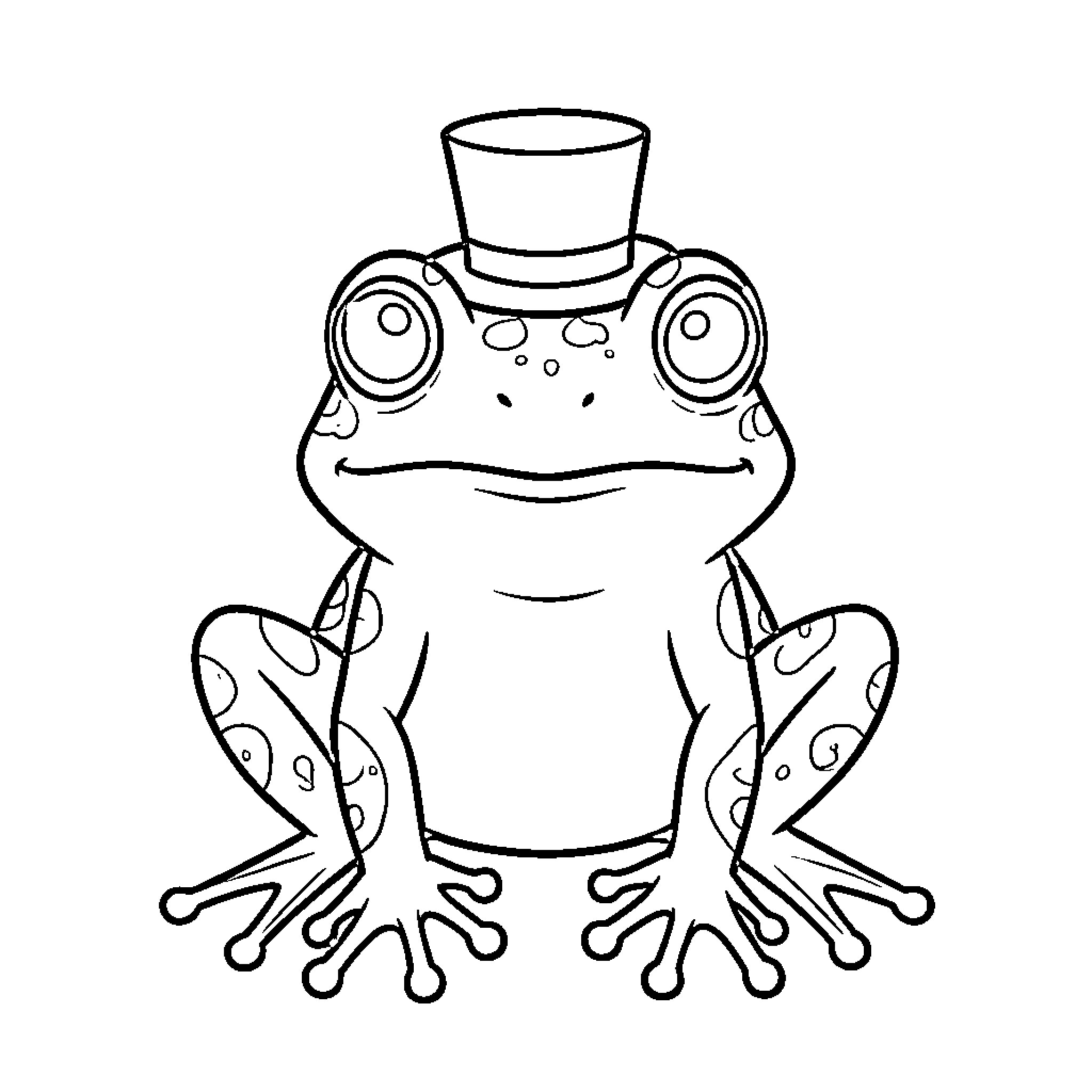 Frog wearing a top hat and smiling Coloring Page (free black-and-white line drawing printable PDF for all, from beginners to advanced learners, including children, teens, adults, and seniors)