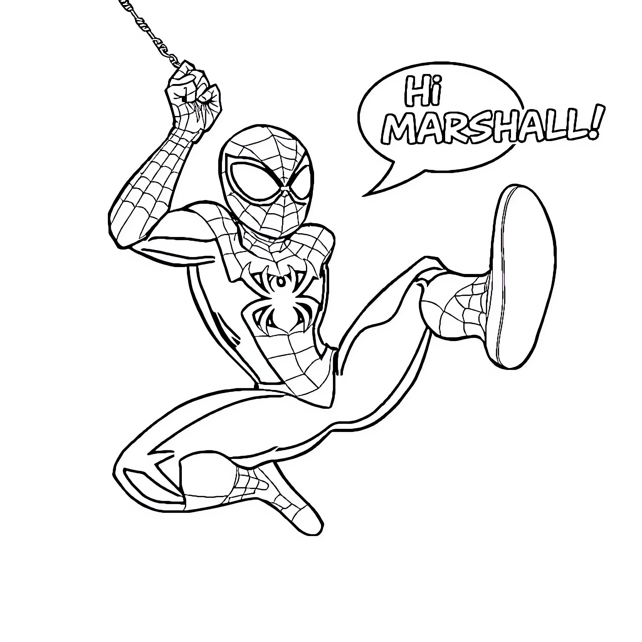 Spiderman Excitedly Greeting Marshall in Costume Coloring Page (free black-and-white line drawing printable PDF for all, from beginners to advanced learners, including children, teens, adults, and seniors)