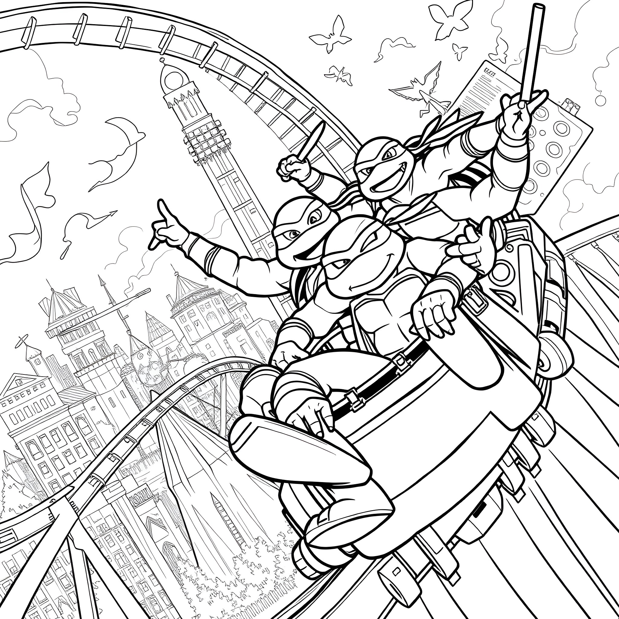 Ninja Turtle Soaring Over the City in Action Coloring Page (free black-and-white line drawing printable PDF for all, from beginners to advanced learners, including children, teens, adults, and seniors)