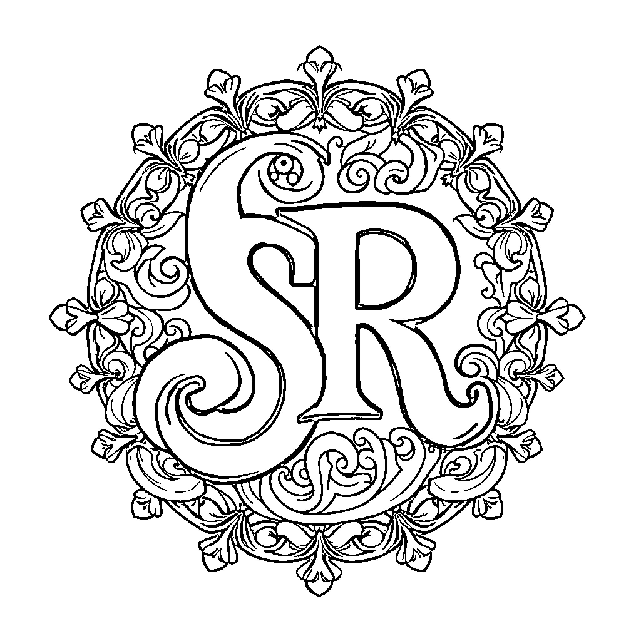 Logo with decorative ornamental initials Coloring Page (free black-and-white line drawing printable PDF for all, from beginners to advanced learners, including children, teens, adults, and seniors)