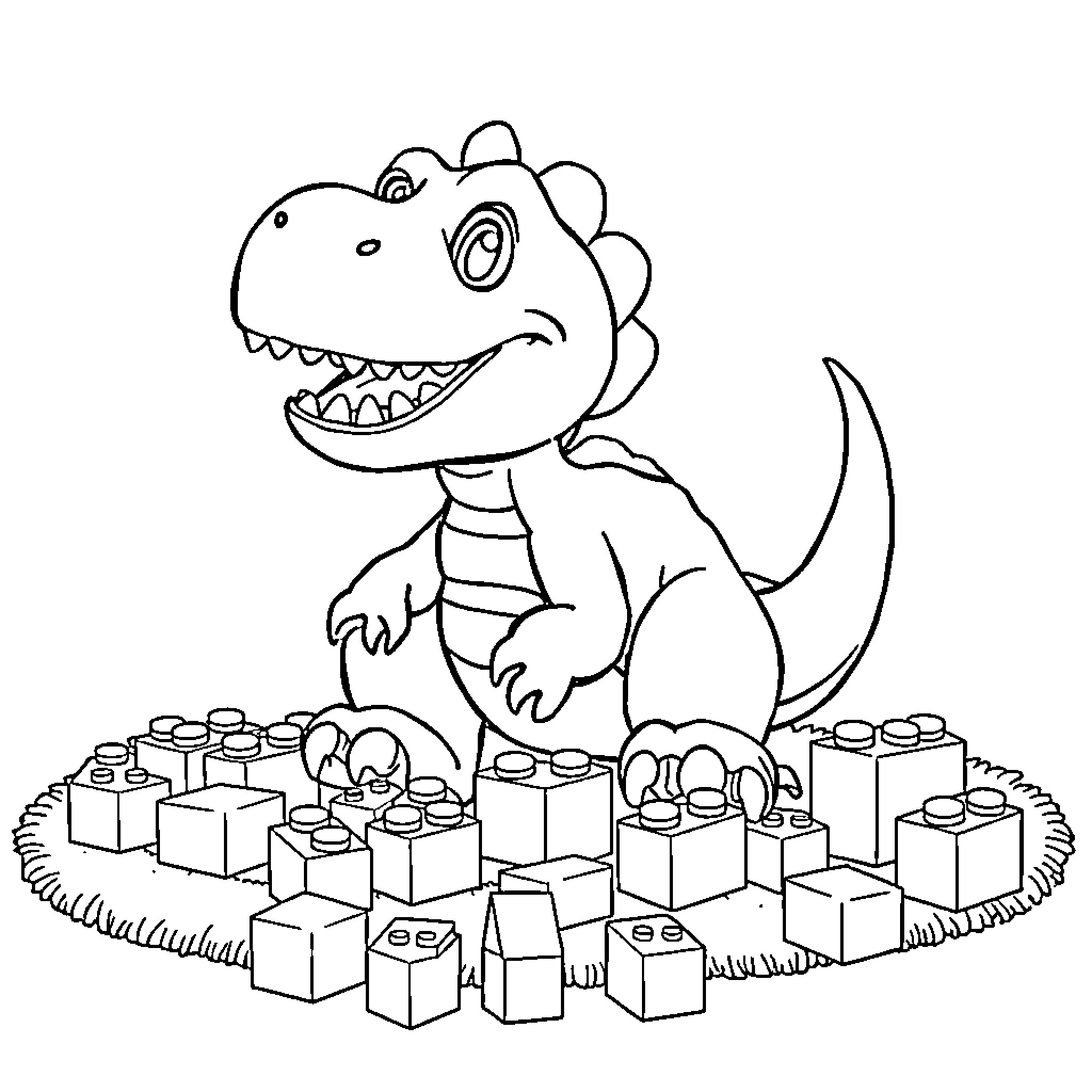Dinosaur playing with colorful building blocks Coloring Page (free black-and-white line drawing printable PDF for all, from beginners to advanced learners, including children, teens, adults, and seniors)