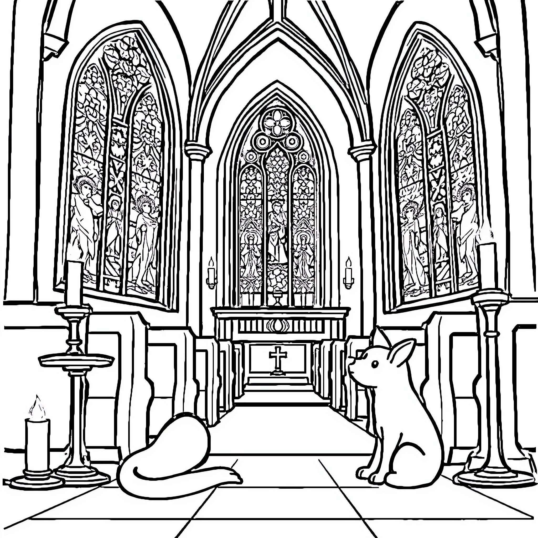 Bluey explores the sacred cathedral Coloring Page (free black-and-white line drawing printable PDF for all, from beginners to advanced learners, including children, teens, adults, and seniors)