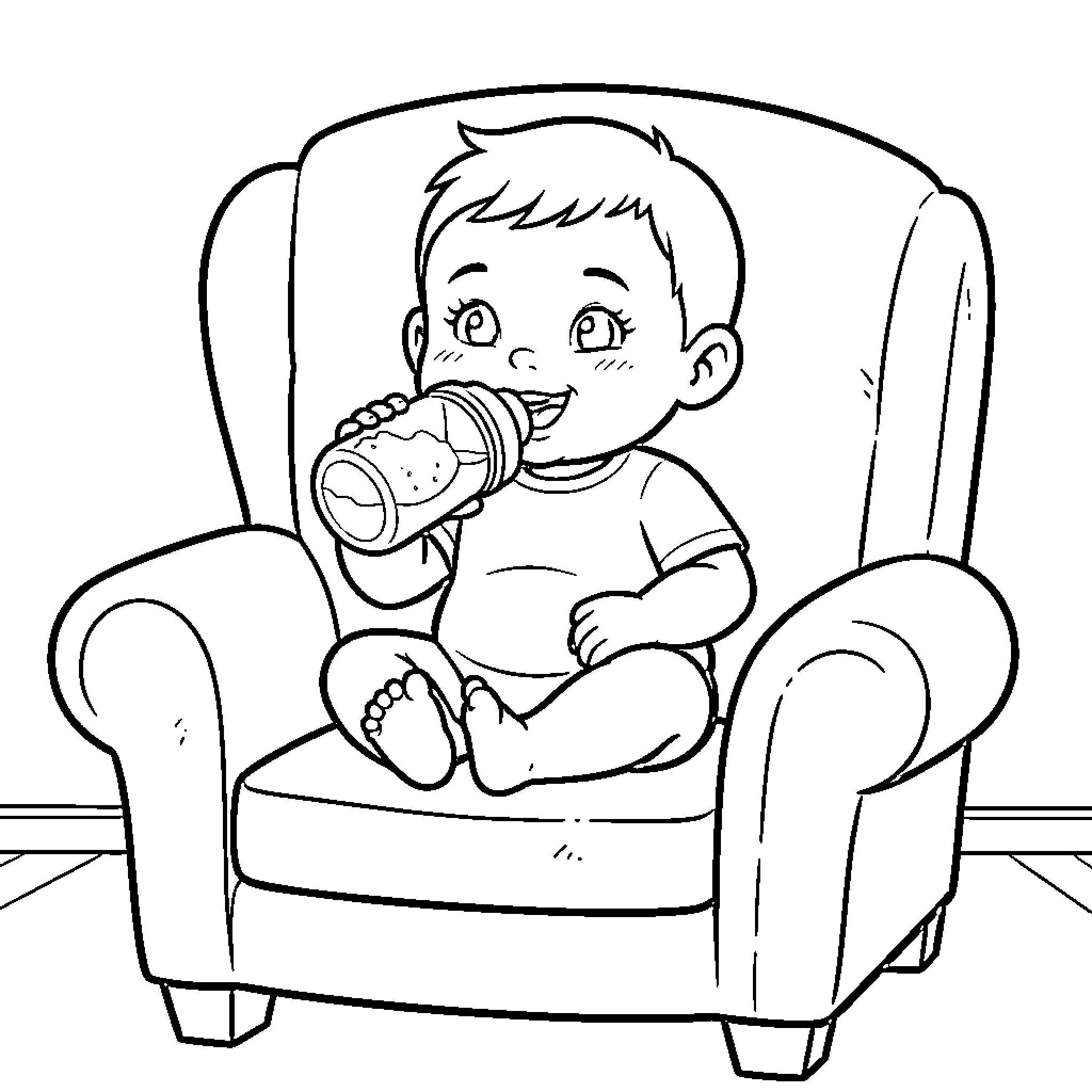 Baby sitting in an armchair drinking from a cup Coloring Page (free black-and-white line drawing printable PDF for all, from beginners to advanced learners, including children, teens, adults, and seniors)