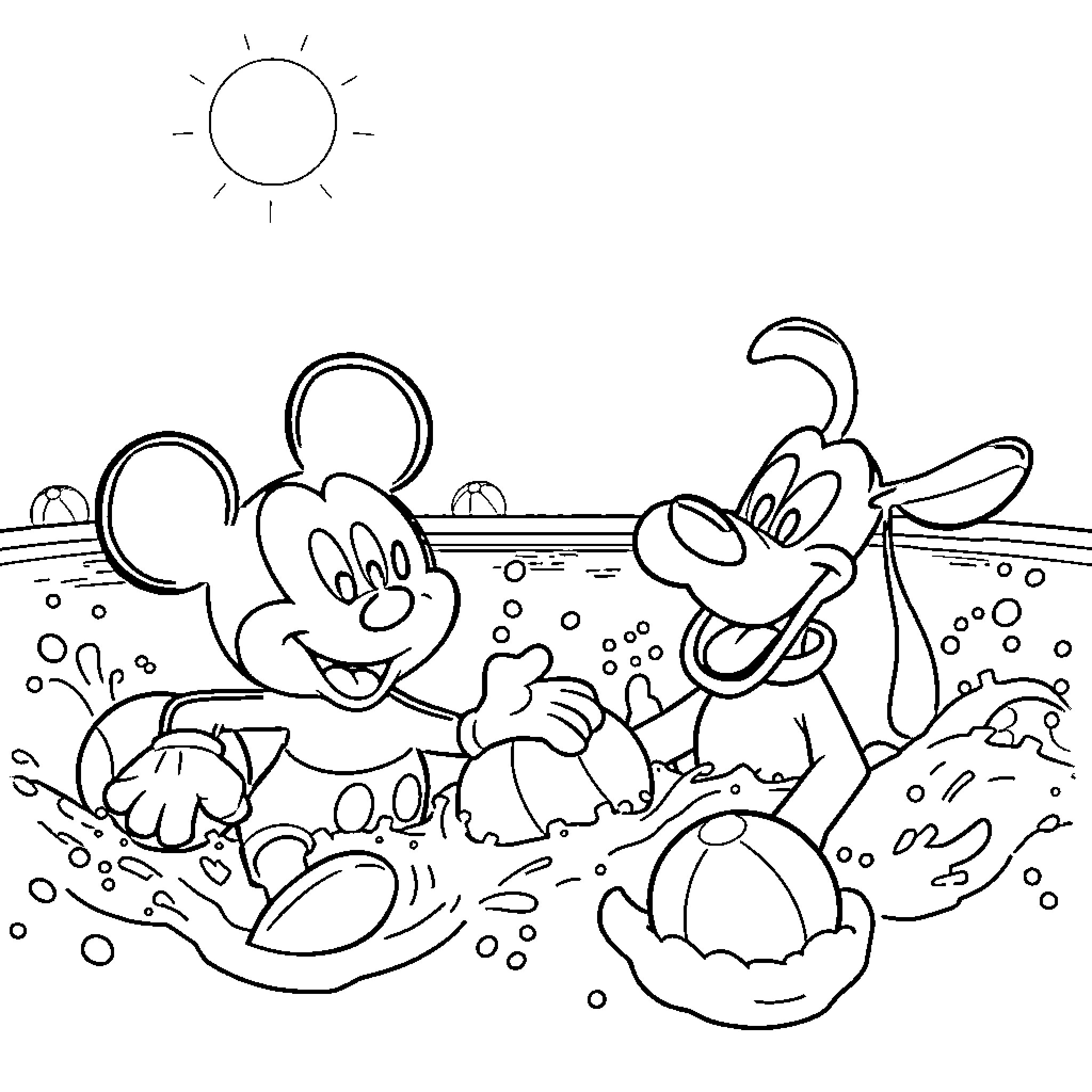 Mickey Mouse and friends playing at the beach Coloring Page (free black-and-white line drawing printable PDF for all, from beginners to advanced learners, including children, teens, adults, and seniors)