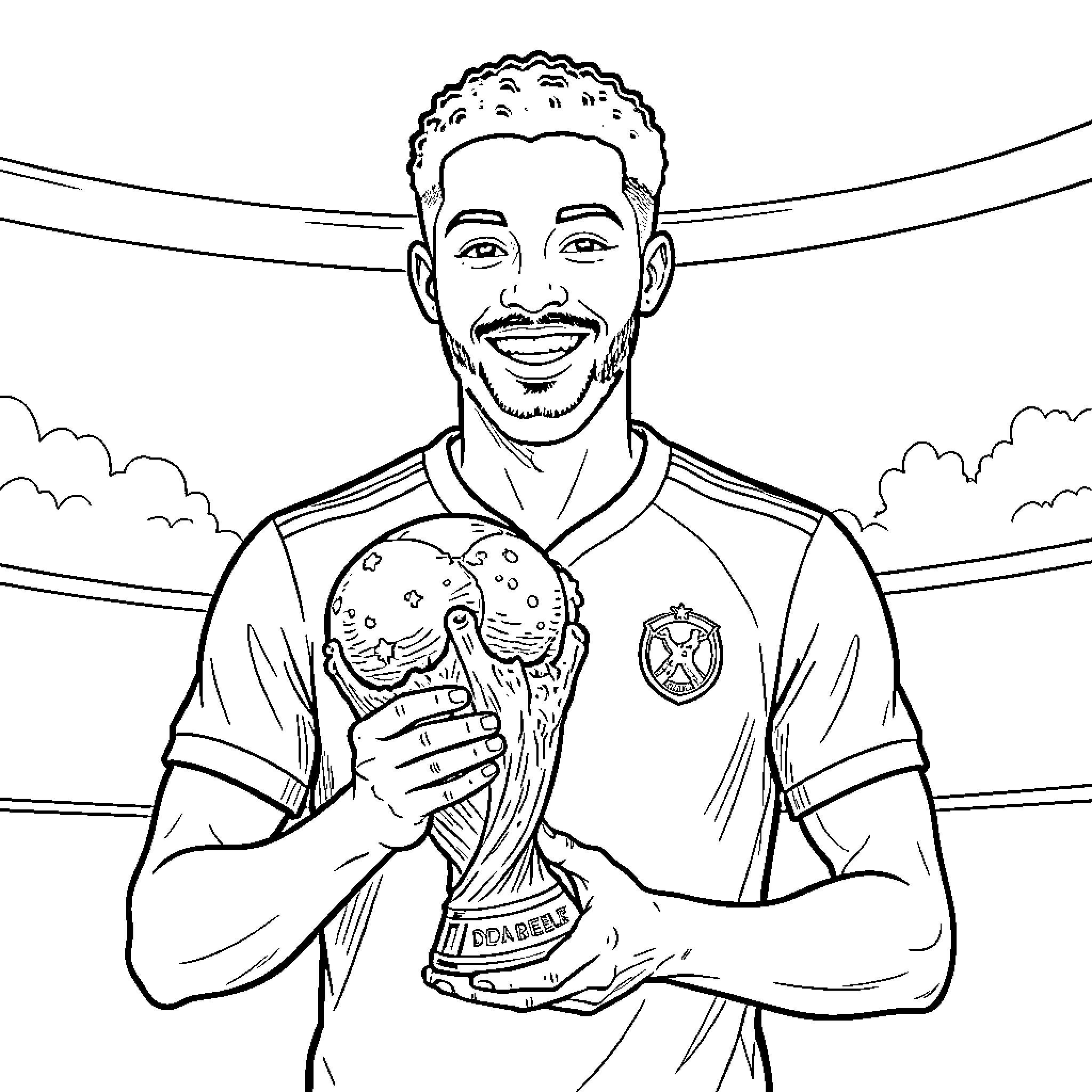 Dembelé smiling while holding a trophy Coloring Page (free black-and-white line drawing printable PDF for all, from beginners to advanced learners, including children, teens, adults, and seniors)