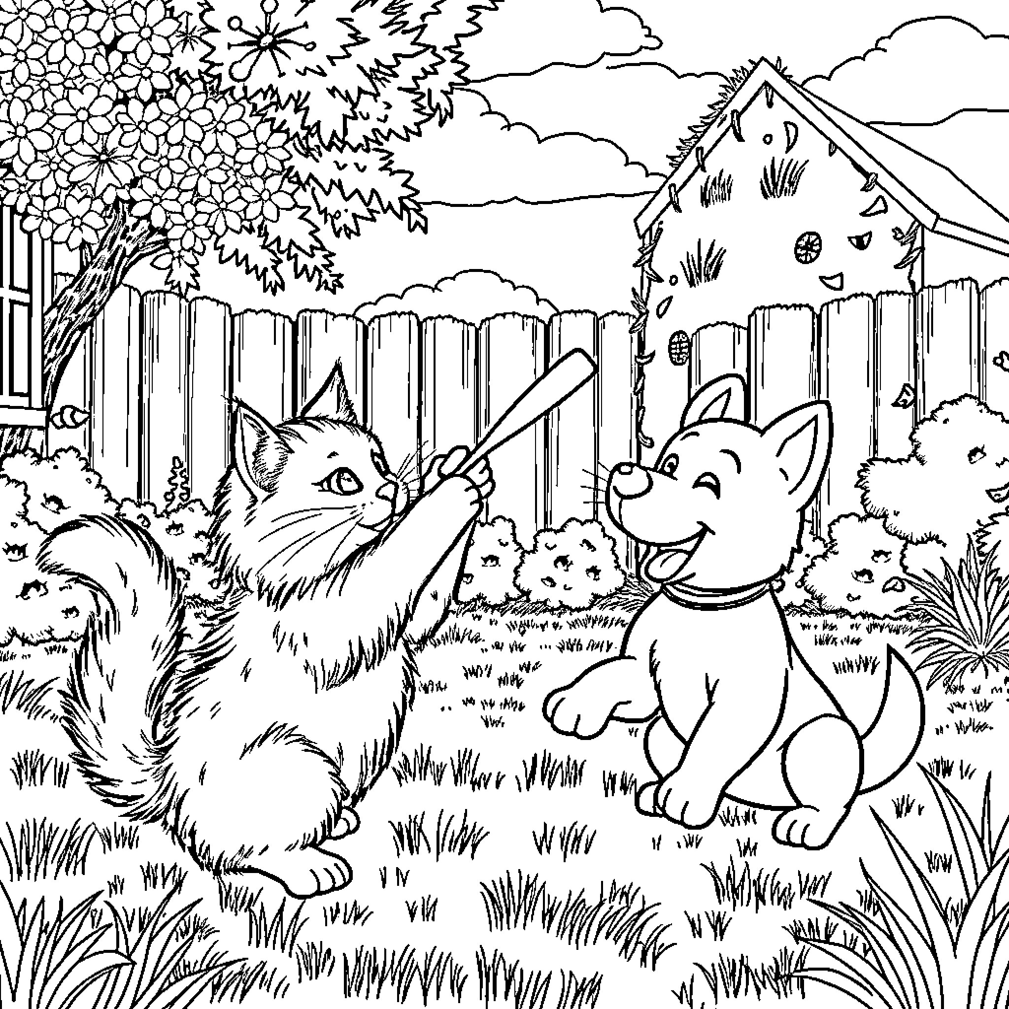 Cats playing mischievously in the backyard Coloring Page (free black-and-white line drawing printable PDF for all, from beginners to advanced learners, including children, teens, adults, and seniors)
