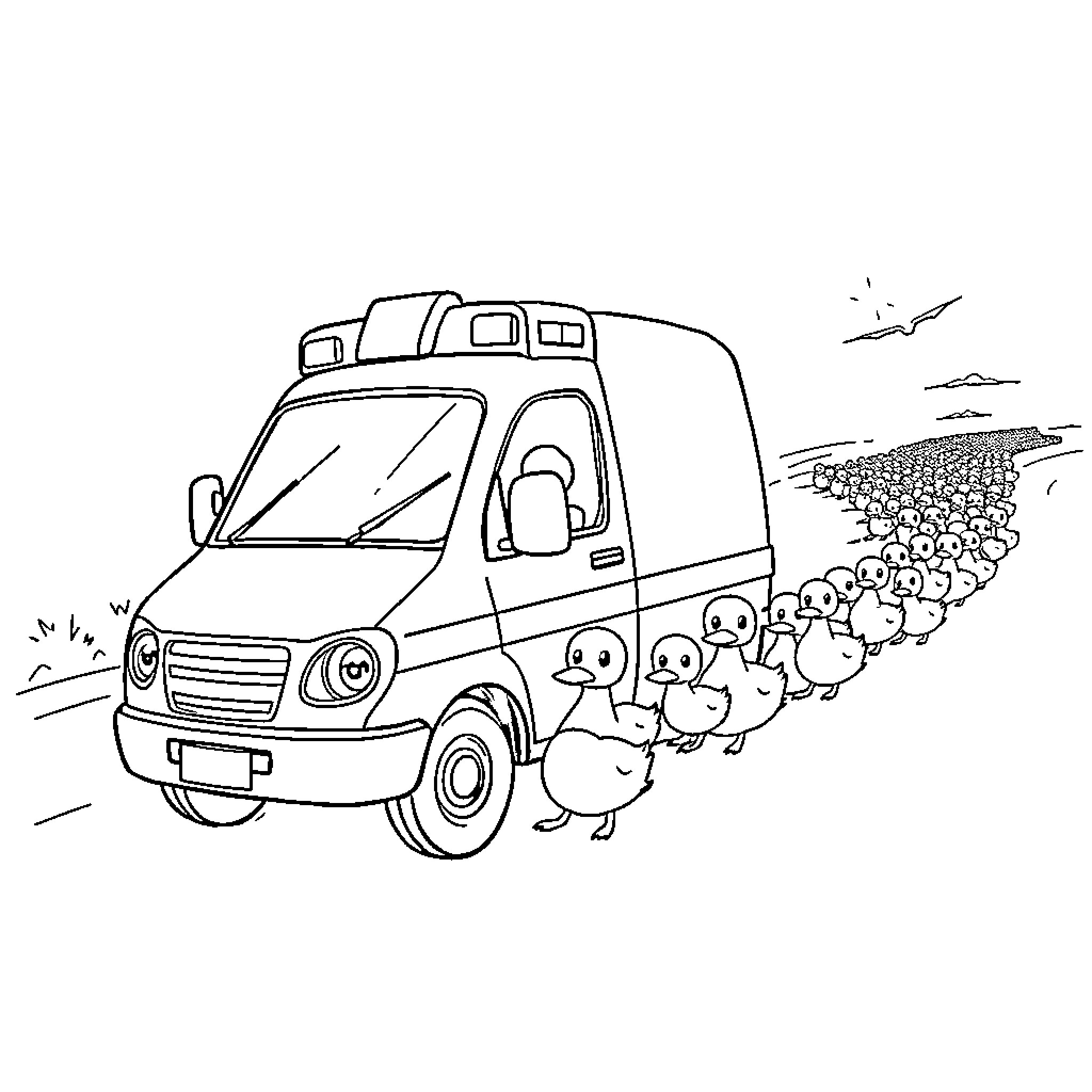 Ambulance transporting a large group of ducklings Coloring Page (free black-and-white line drawing printable PDF for all, from beginners to advanced learners, including children, teens, adults, and seniors)