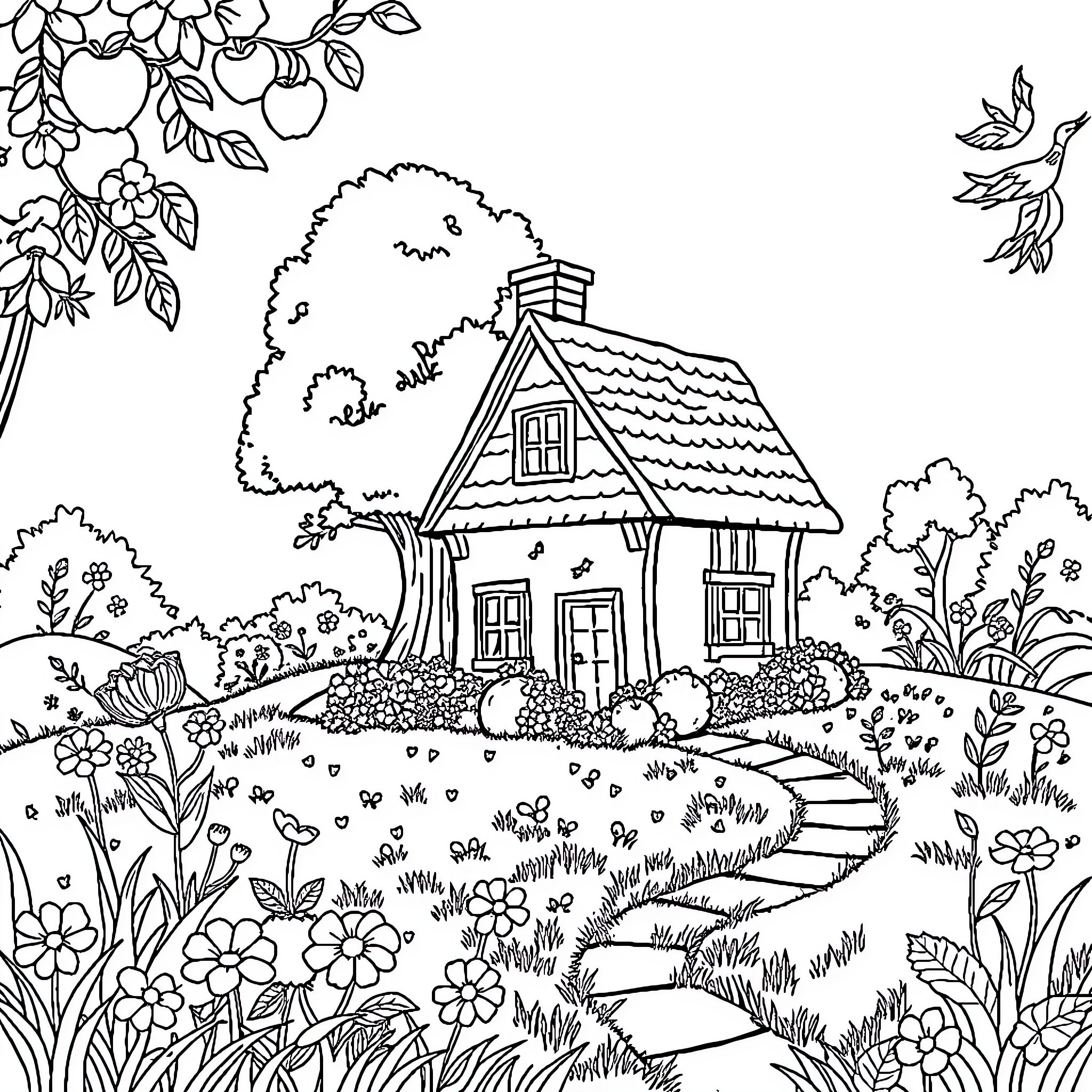 House Surrounded by Lush Vegetation and Flowers Coloring Page (free black-and-white line drawing printable PDF for all, from beginners to advanced learners, including children, teens, adults, and seniors)