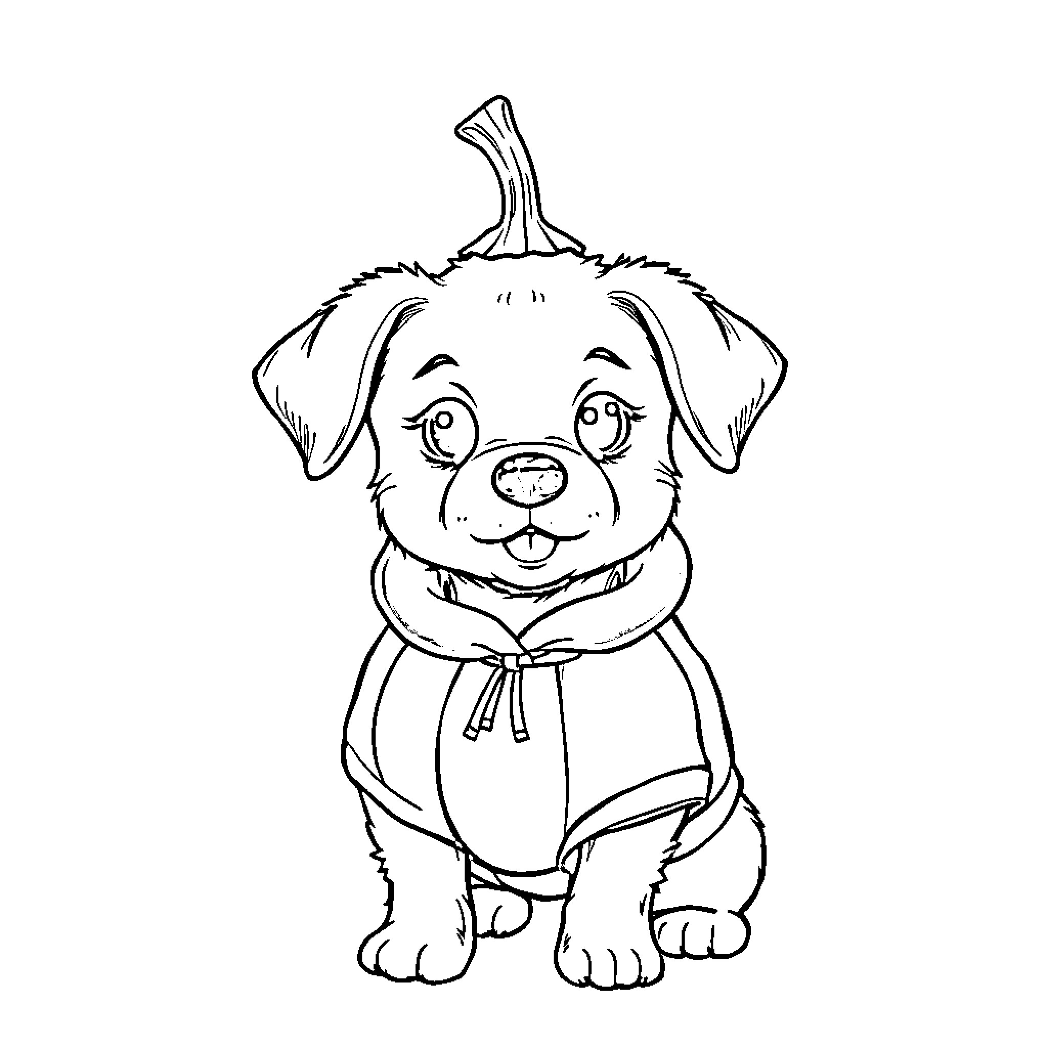Dog wearing scarf and sitting happily Coloring Page (free black-and-white line drawing printable PDF for all, from beginners to advanced learners, including children, teens, adults, and seniors)