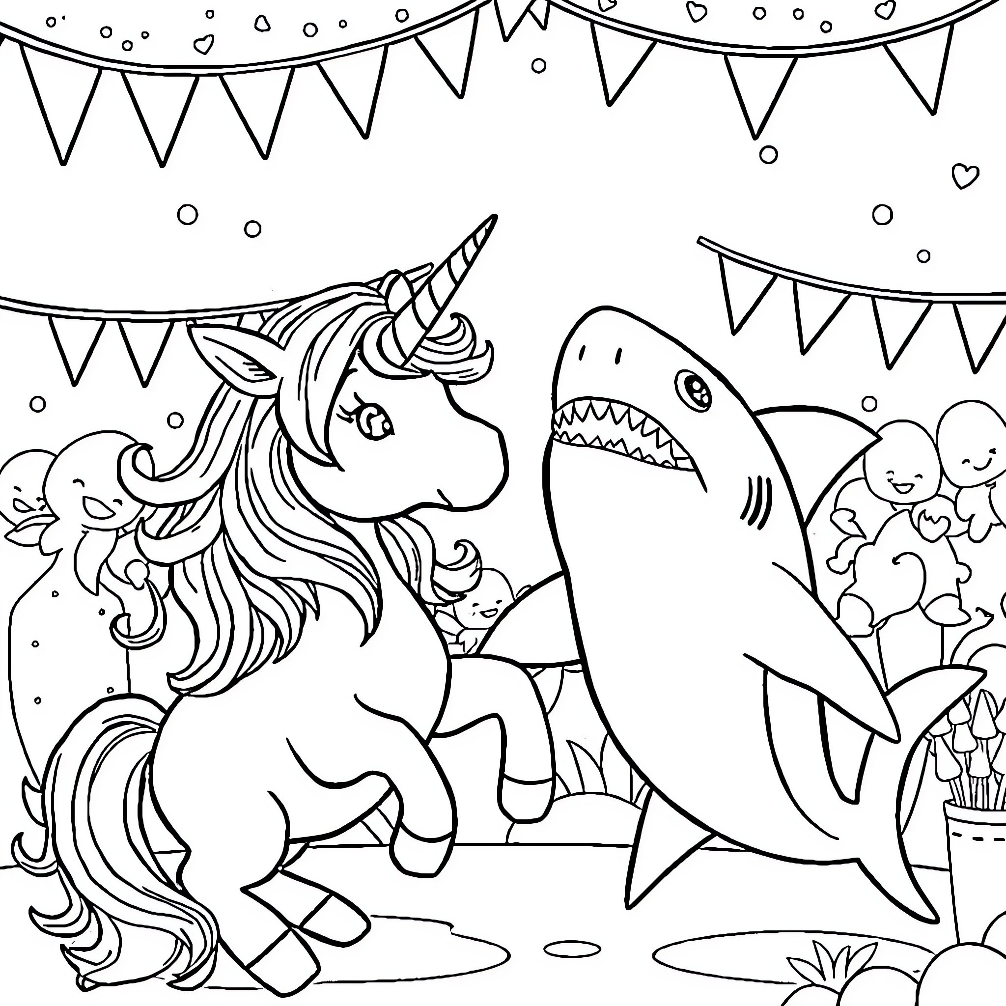 Unicorn enjoying a carnival celebration with shark Coloring Page (free black-and-white line drawing printable PDF for all, from beginners to advanced learners, including children, teens, adults, and seniors)
