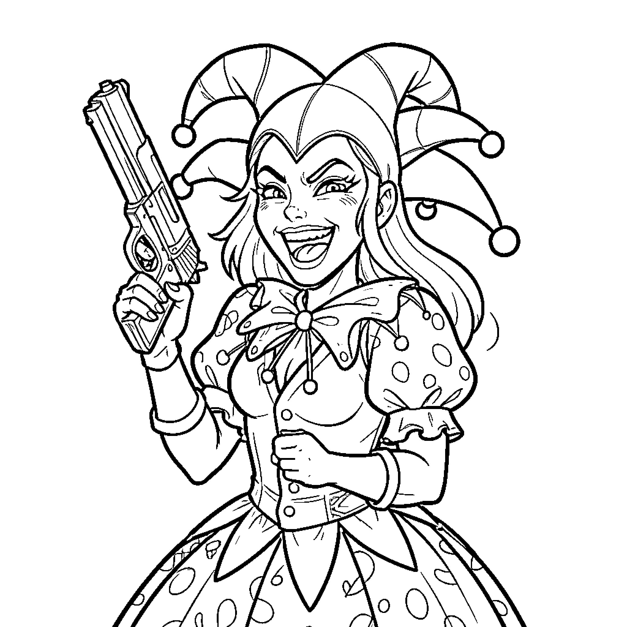 Jester posing with a playful grin and a gun Coloring Page (free black-and-white line drawing printable PDF for all, from beginners to advanced learners, including children, teens, adults, and seniors)