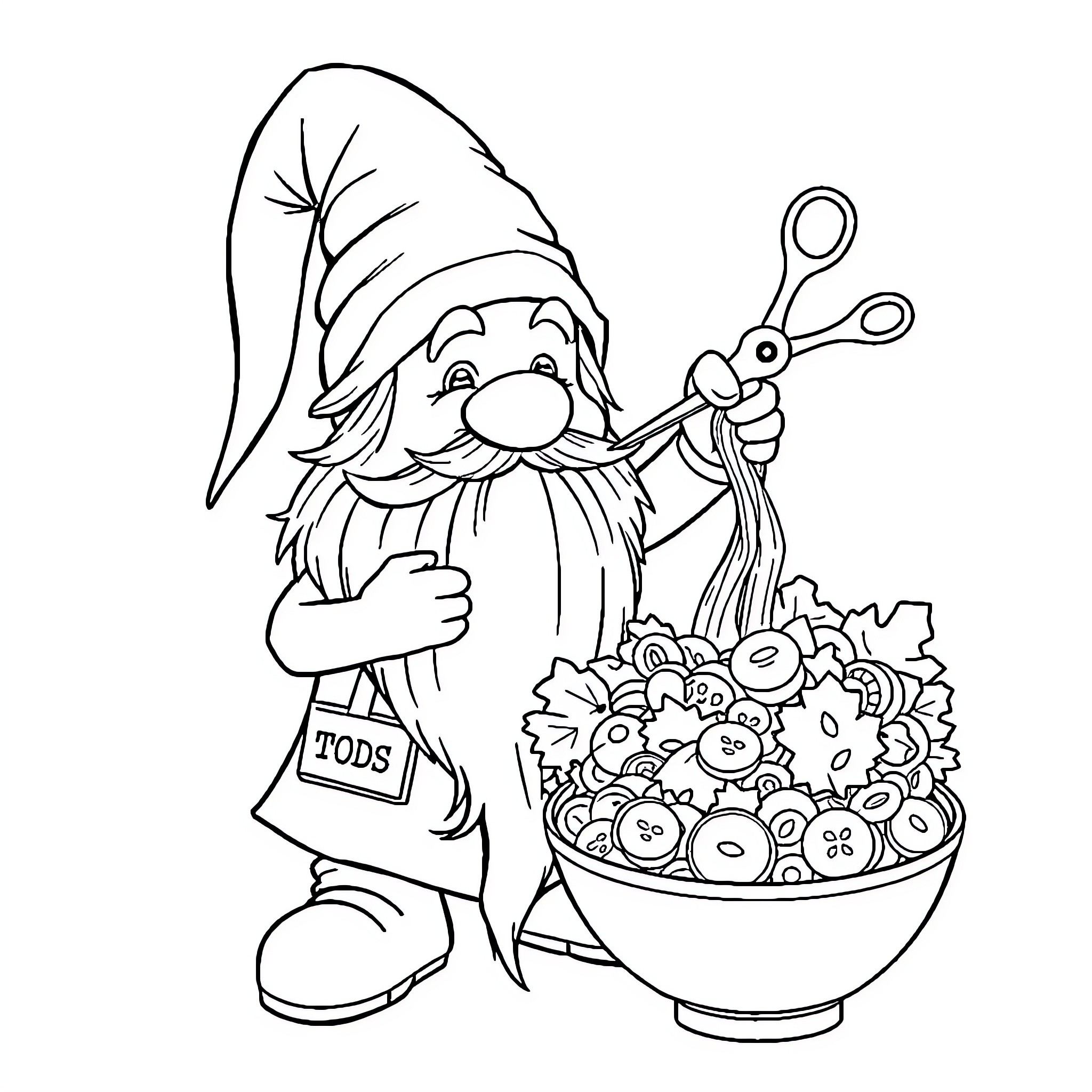 Gnome gardener trimming his vegetable patch Coloring Page (free black-and-white line drawing printable PDF for all, from beginners to advanced learners, including children, teens, adults, and seniors)