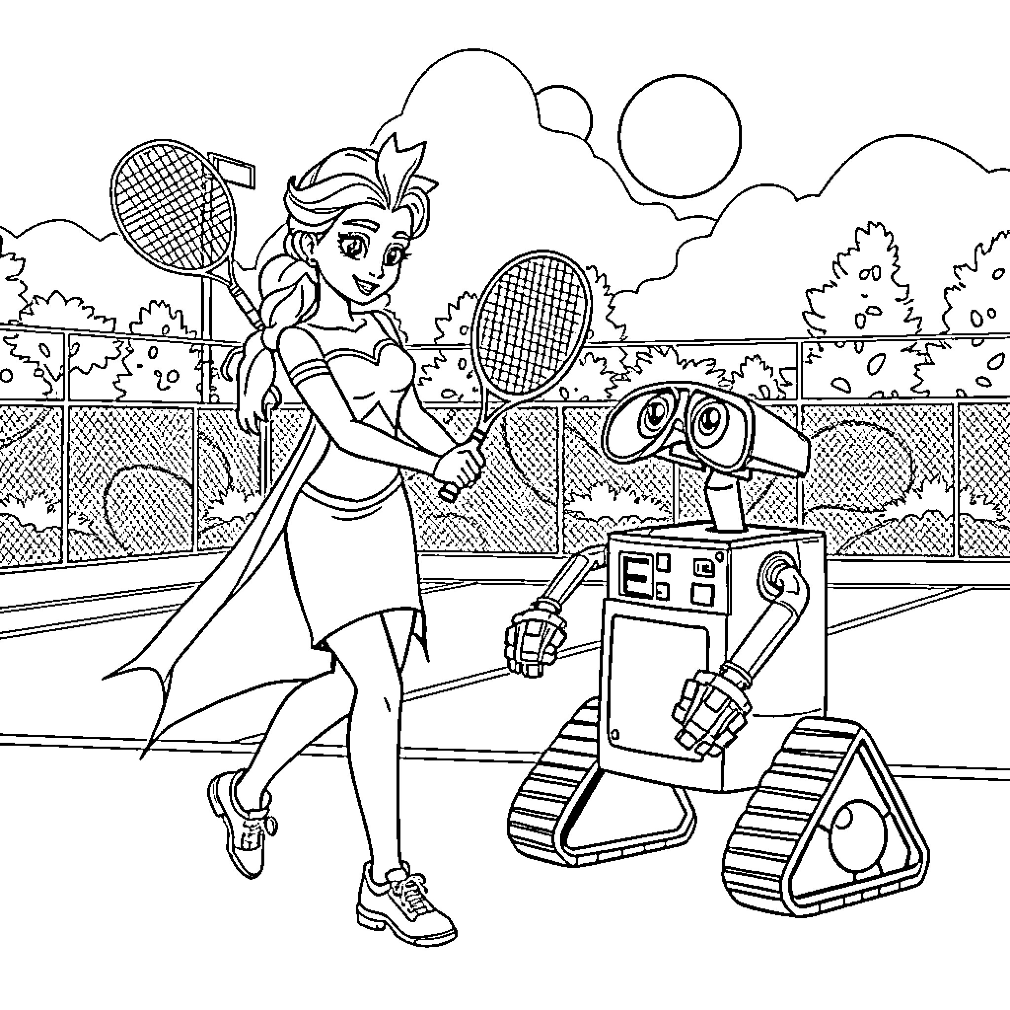 Elsa playing tennis with her robot friend Coloring Page (free black-and-white line drawing printable PDF for all, from beginners to advanced learners, including children, teens, adults, and seniors)