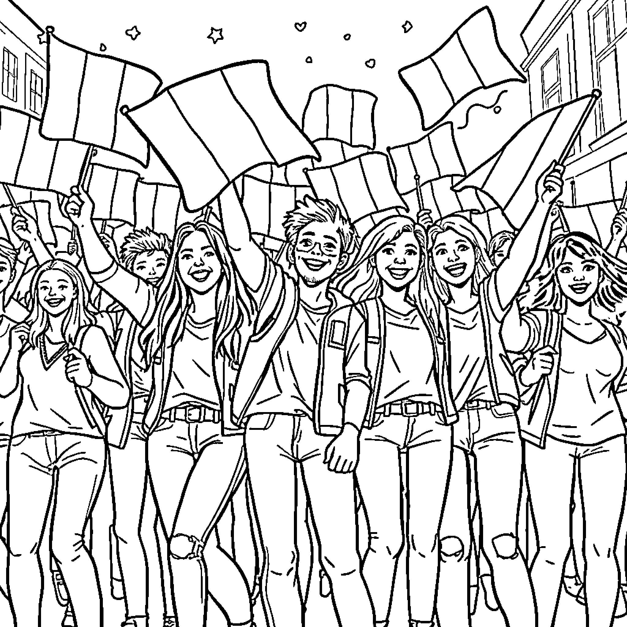 Teenagers celebrating and expressing joy in a crowd Coloring Page (free black-and-white line drawing printable PDF for all, from beginners to advanced learners, including children, teens, adults, and seniors)